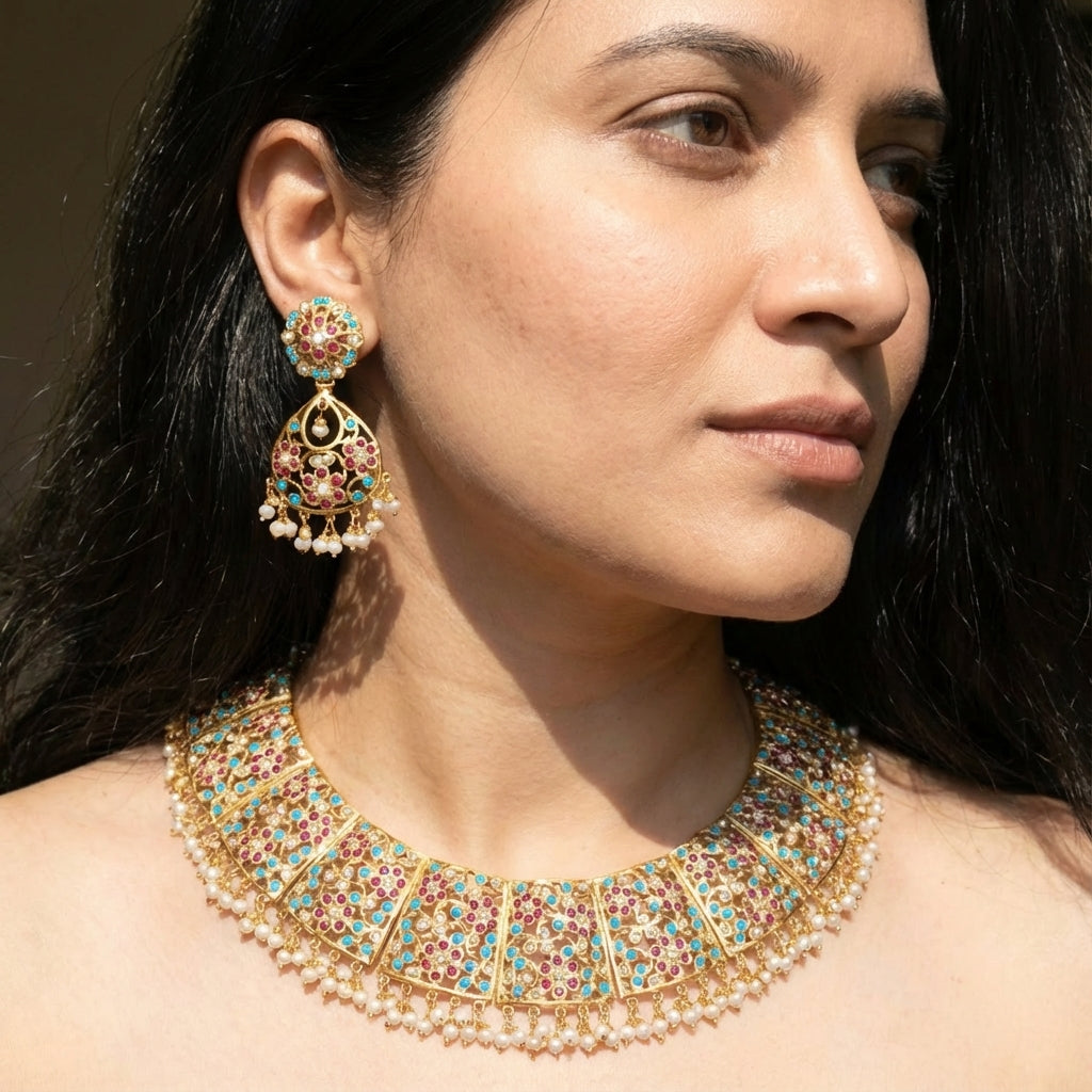 విస్తృత జడౌ నెక్లెస్ సెట్ | వధువు ఆభరణాలు | బంగారు పూత పూసిన జడౌ సెట్ NS 323