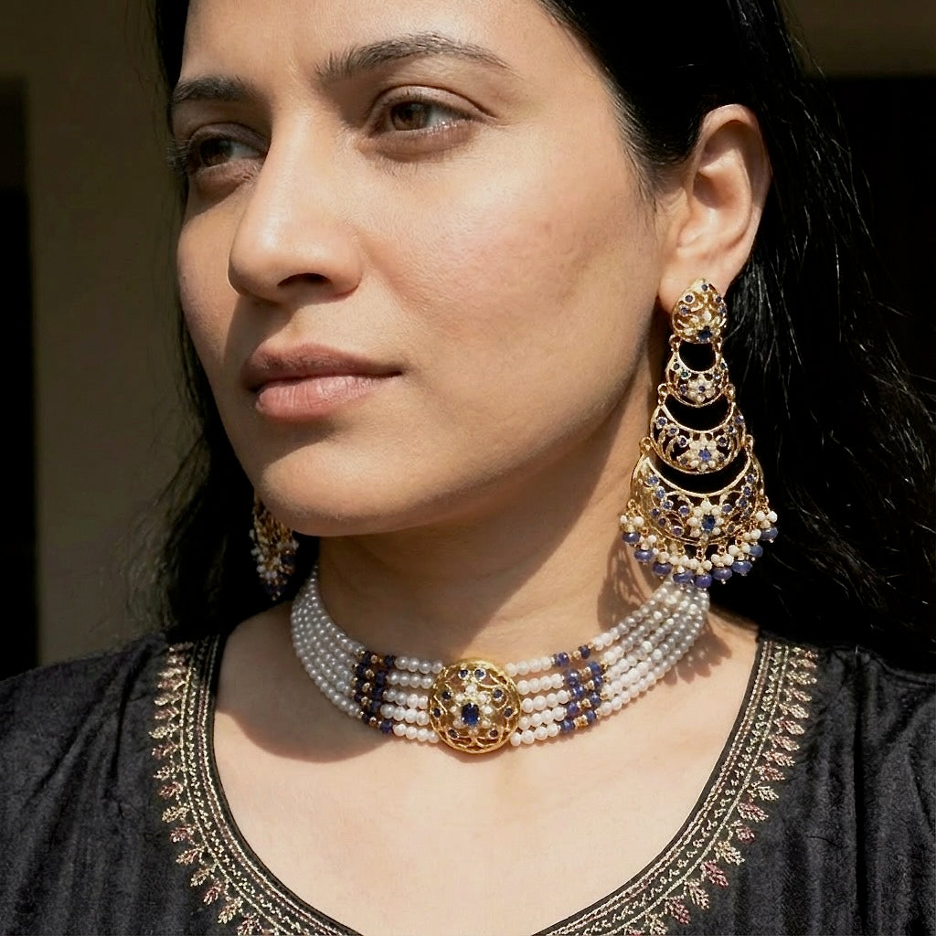 చెవిపోగులతో సొగసైన చోకర్ | నీలమణి మరియు ముత్యాల ఆభరణాలు | జదౌ చోకర్ సెట్ | NS 310