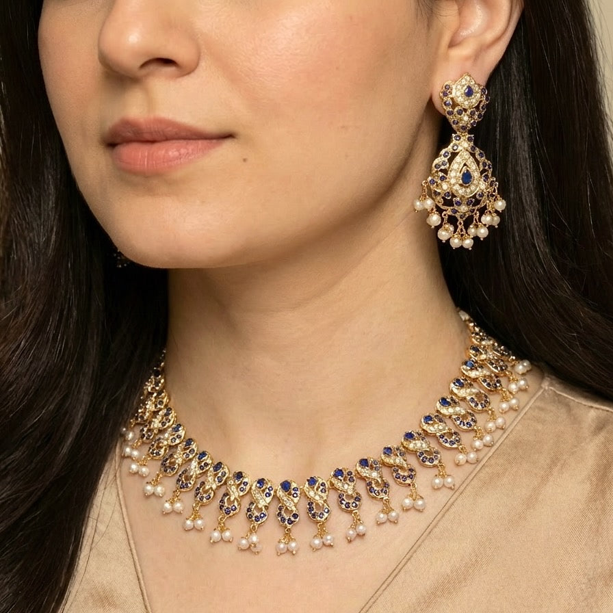 Gold Plated Jadau Set | Silver Based | Blue Sapphire & Pearl Jewelry NS 219