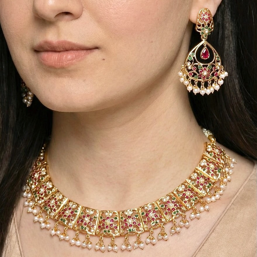 Gold Plated Silver Necklace Set | Multicoloured Jadau Set For Women NS 226