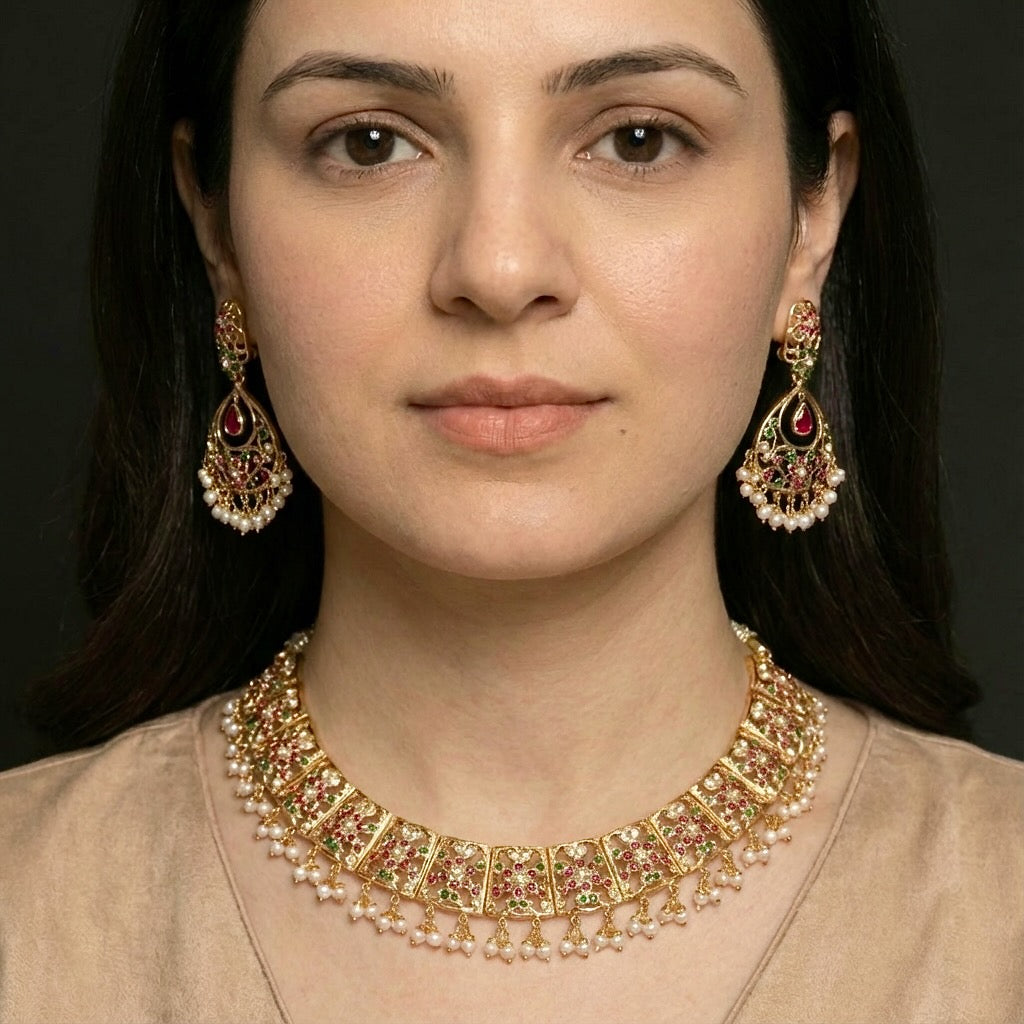 Gold Plated Silver Necklace Set | Multicoloured Jadau Set For Women NS 226