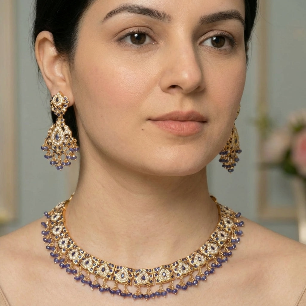 గోల్డ్ ప్లేటెడ్ బ్లూ నీలమణి & ముత్యాల సెట్ | సోబర్ & సొగసైన జ్యువెలరీ NS 264