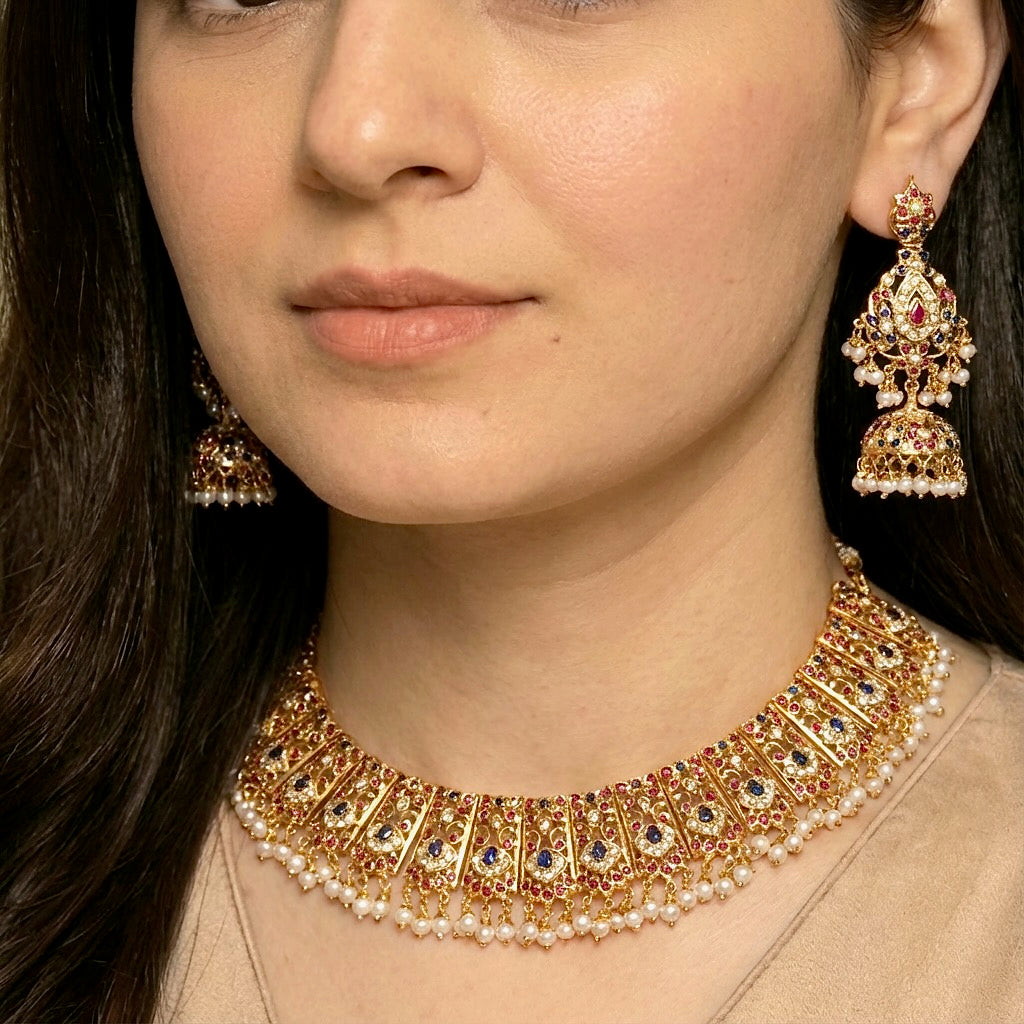 Bridal Gold Plated Jadau Set | Red & Blue Stones with Freshwater Pearls NS 209
