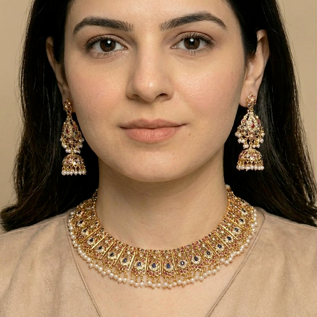 బ్రైడల్ గోల్డ్ ప్లేటెడ్ జడౌ సెట్ | మంచినీటి ముత్యాలతో రెడ్ & బ్లూ స్టోన్స్ NS 251