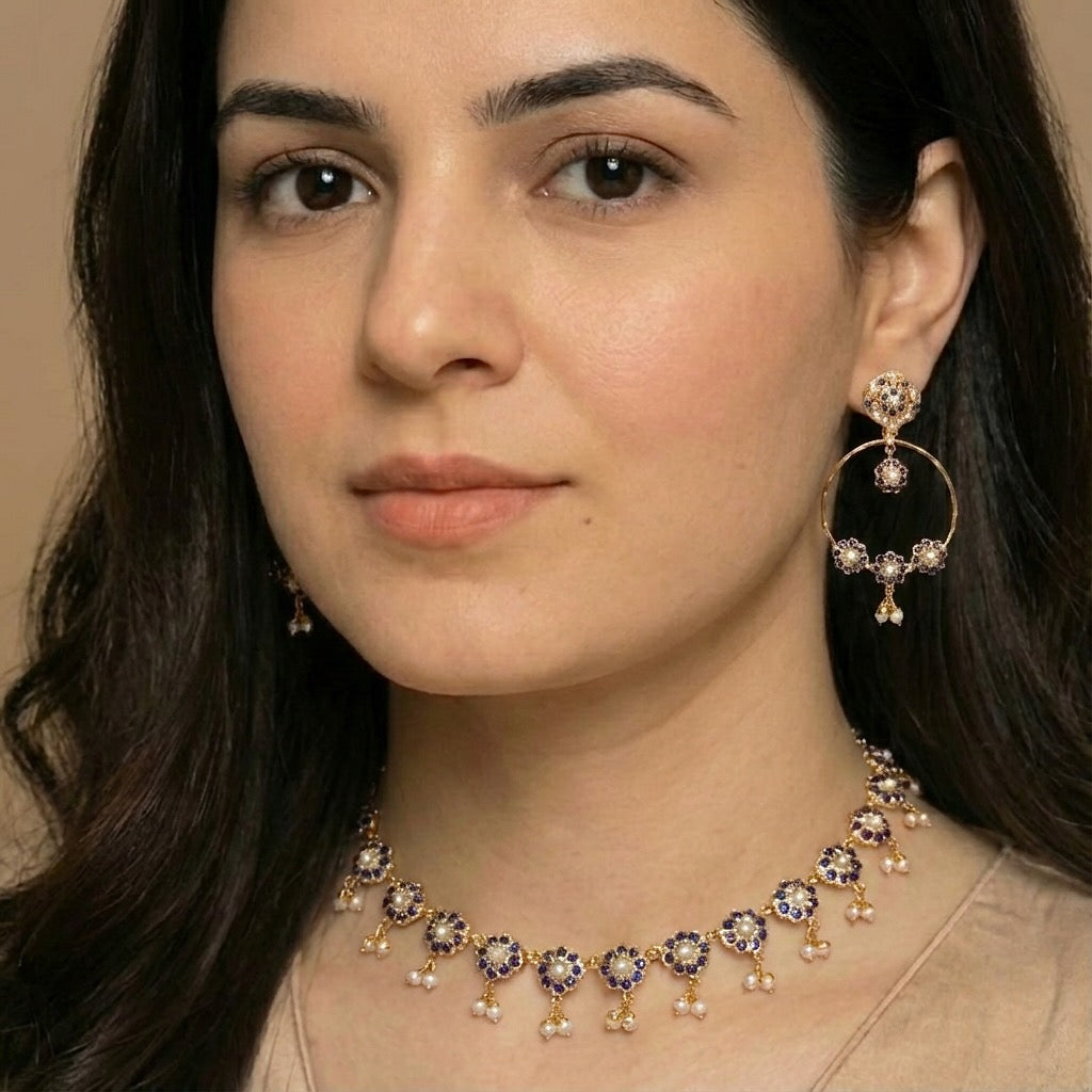 Floral Jadau Set | Blue Sapphires & Pearls | With Gold Plating NS 191