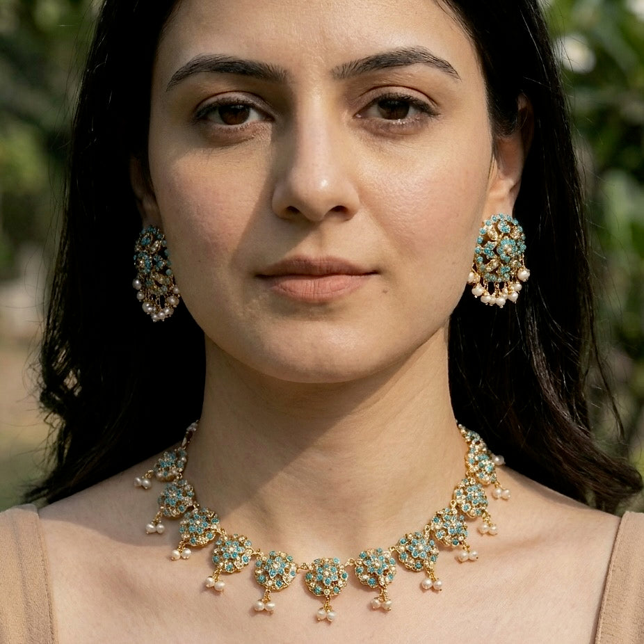 फ़िरोज़ा और मोती सेट | गोल्ड प्लेटेड | पार्टी वियर डिज़ाइन NS 228