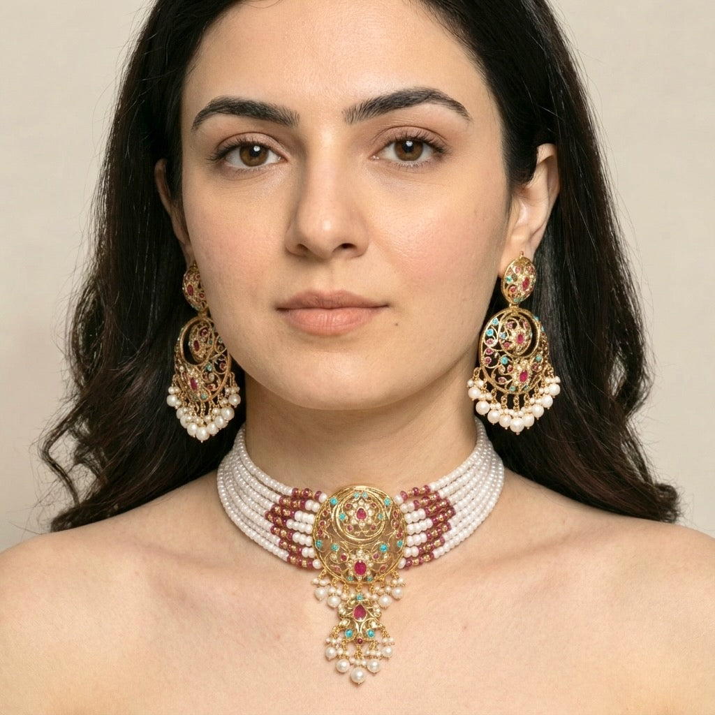 బంగారు పూత జడౌ చోకర్ సెట్ | పార్టీ వేర్ ఇండియన్ జ్యువెలరీ ఆన్లైన్ NS 198