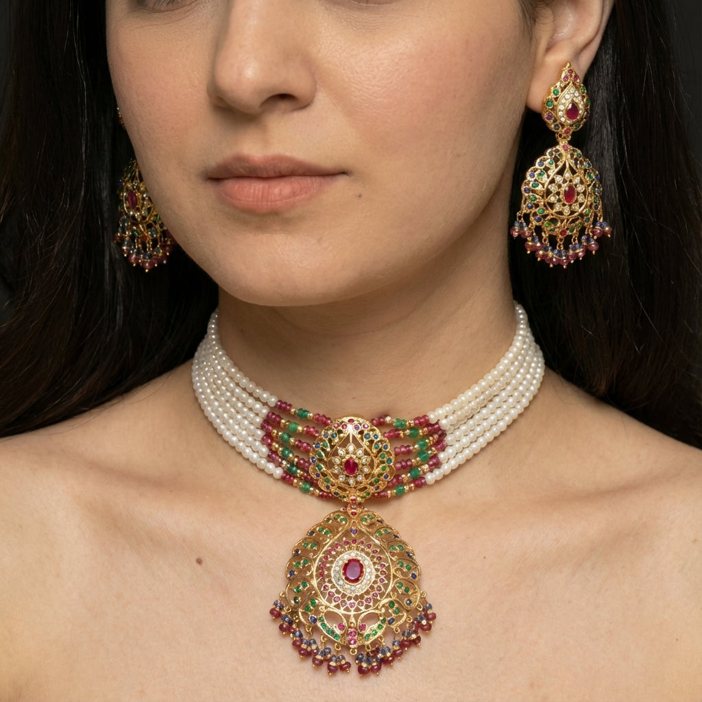 Mughal-style Jadau Choker | Indian Necklace Set | Gold Plated Silver NS 043