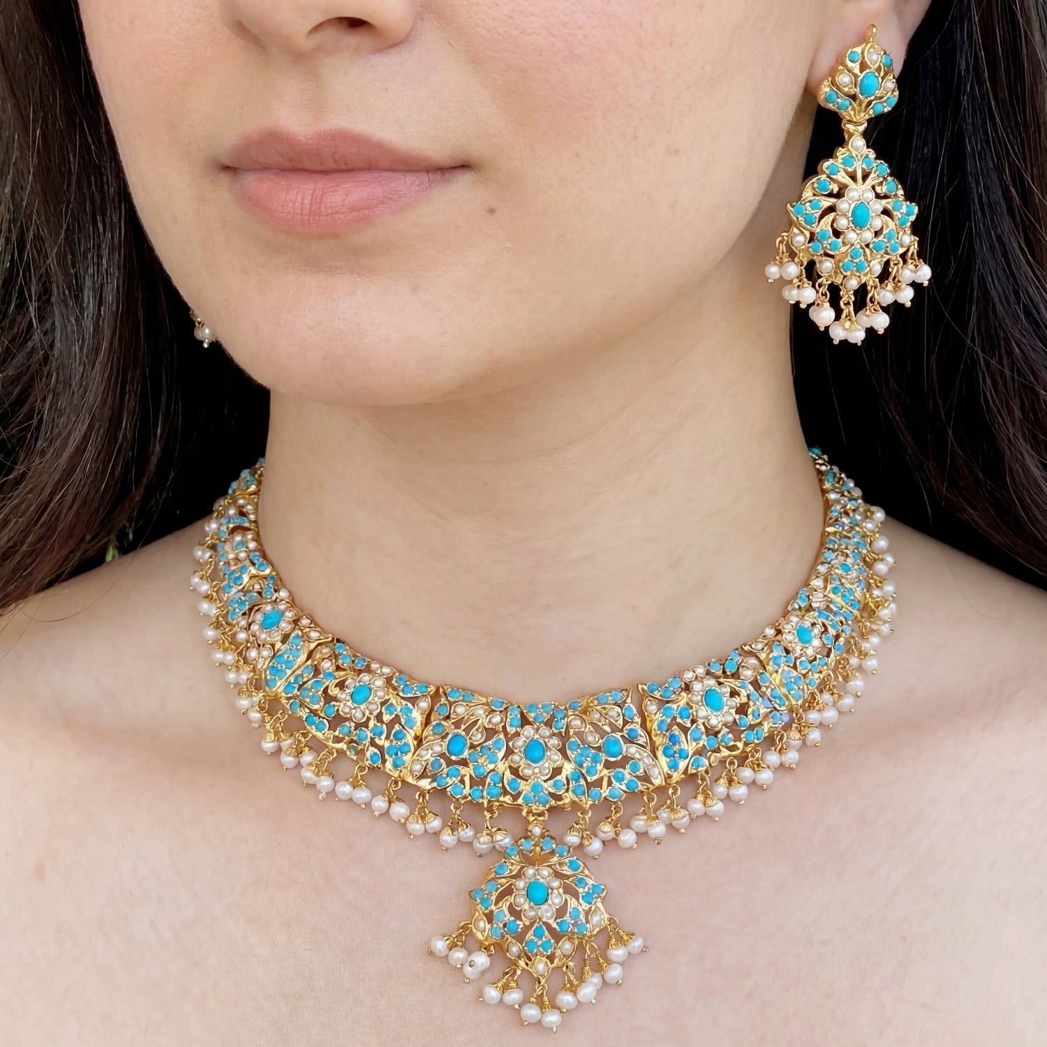 फिरोजा हार झुमके के साथ | सोना चढ़ाया चांदी NS 184