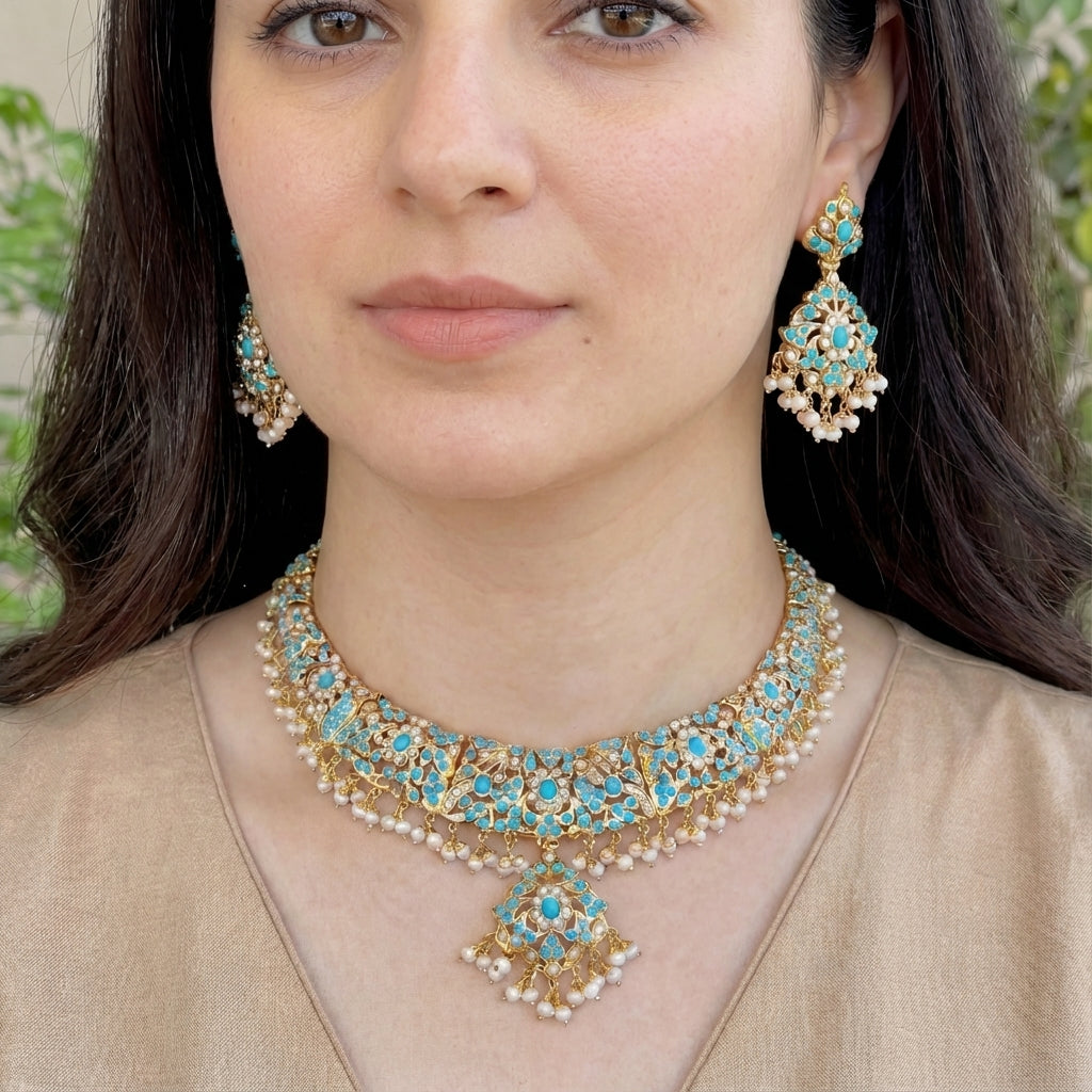 చెవిపోగులతో ఫిరోజా నెక్లెస్ | బంగారు పూతతో కూడిన వెండి NS 184