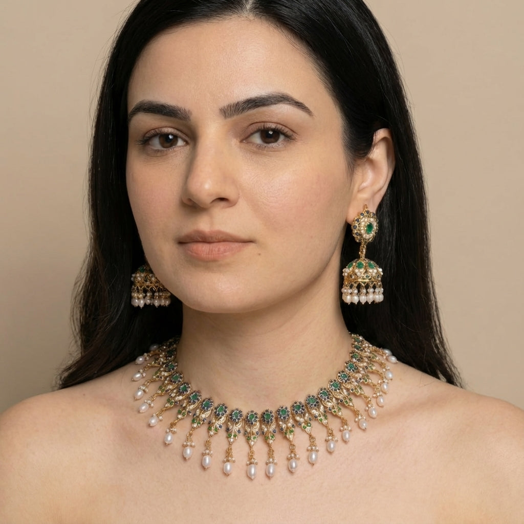 Multicolored Jadau Necklace with Jhumka Earrings NS 127