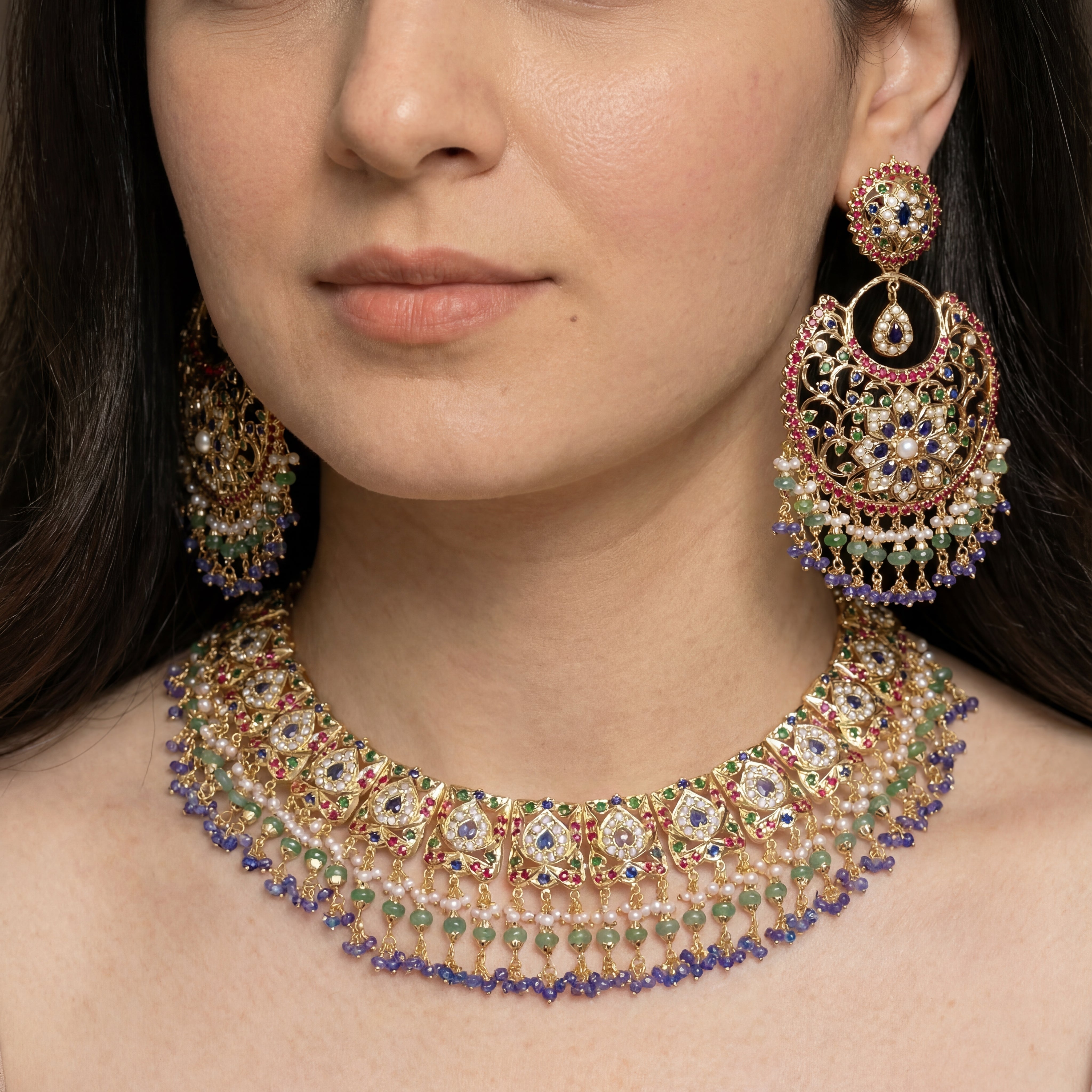 Bridal Gold Plated Jewelry set | Jadau Necklace & Chandbali Earrings NS 146