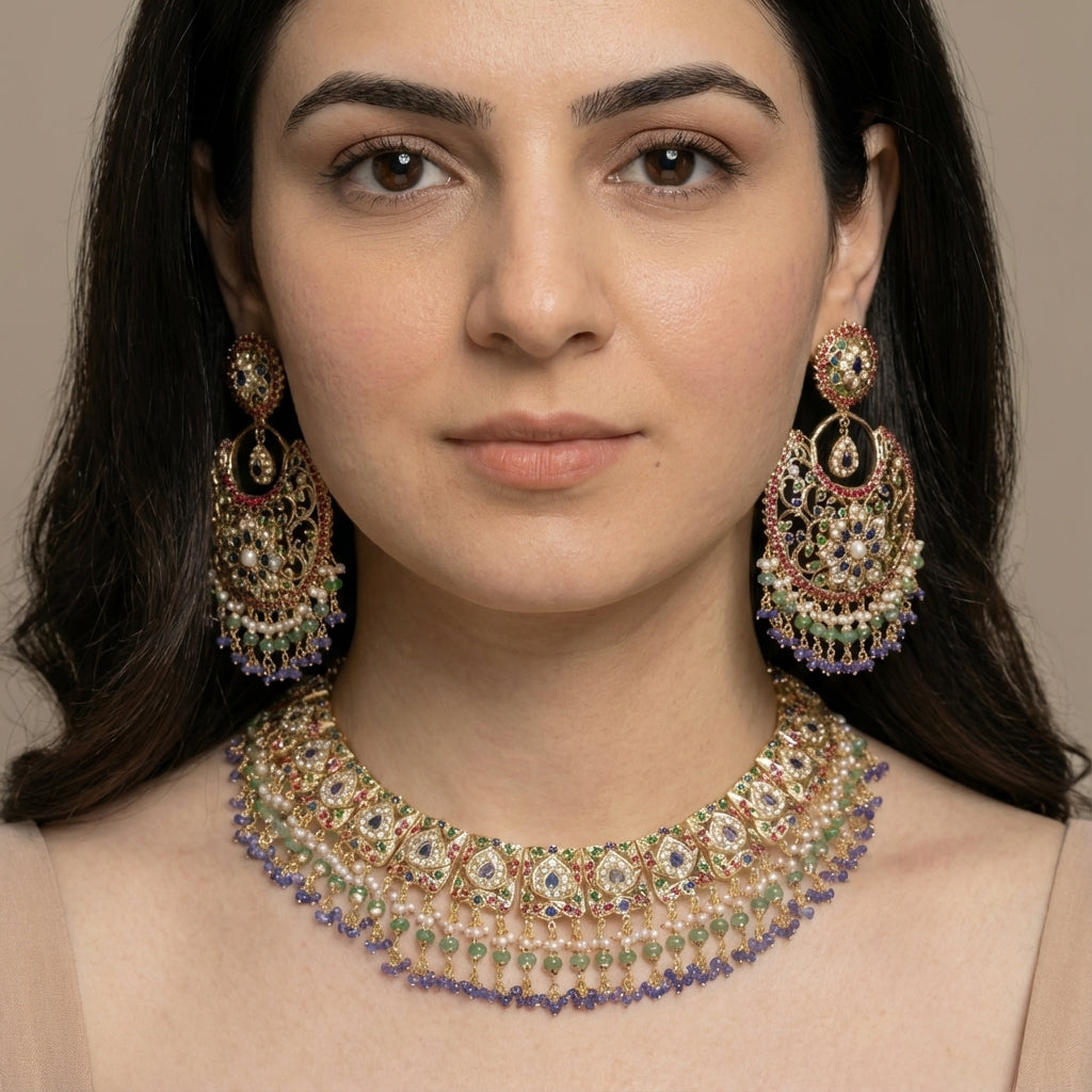 బ్రైడల్ గోల్డ్ ప్లేటెడ్ జ్యువెలరీ సెట్ | జదౌ నెక్లెస్ & చంద్బాలీ చెవిపోగులు NS 191