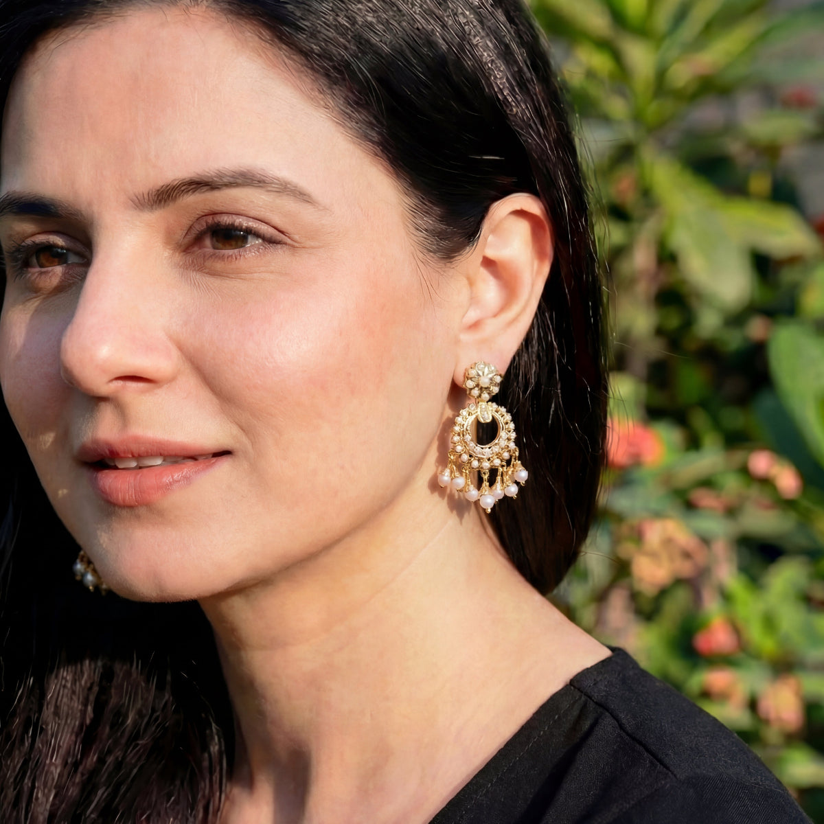 Minimalist Chandbali Earrings | Gold Plated on Silver | Real Pearls ER 359