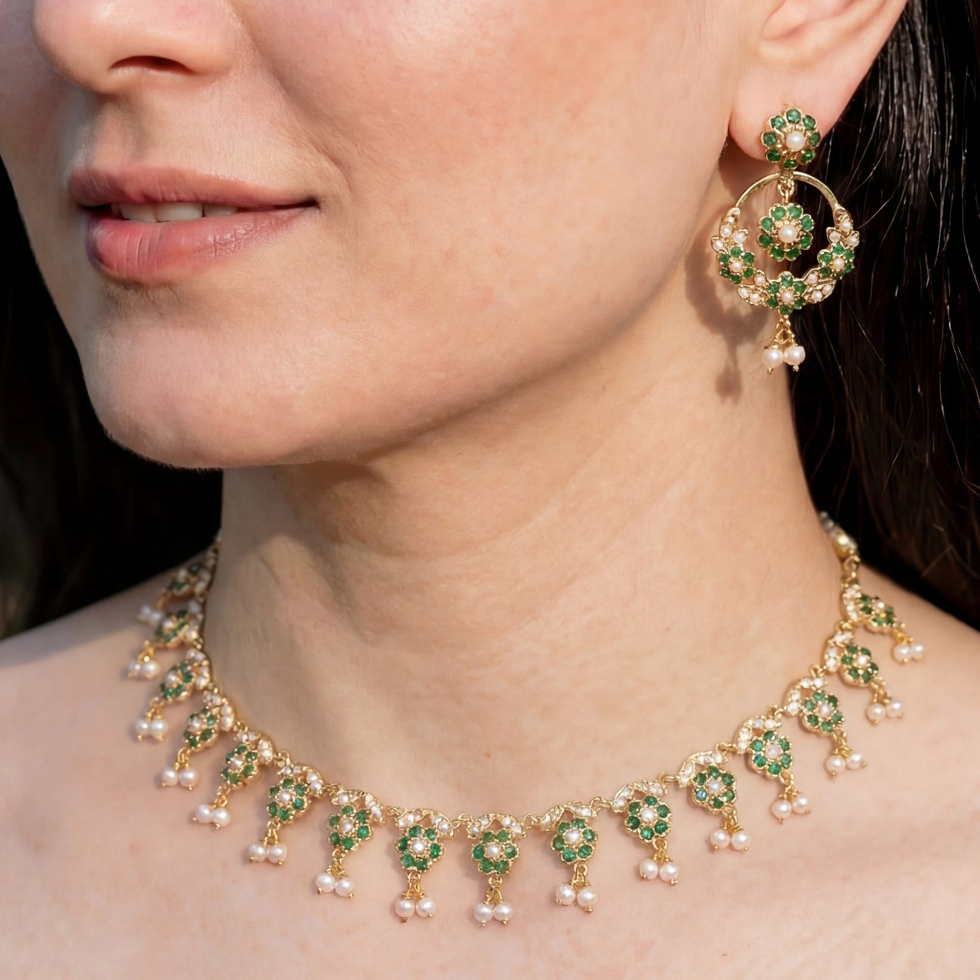 Sleek Jadau Set Studded with Emerald like Green Stones | Gold Plated on Silver NS 370