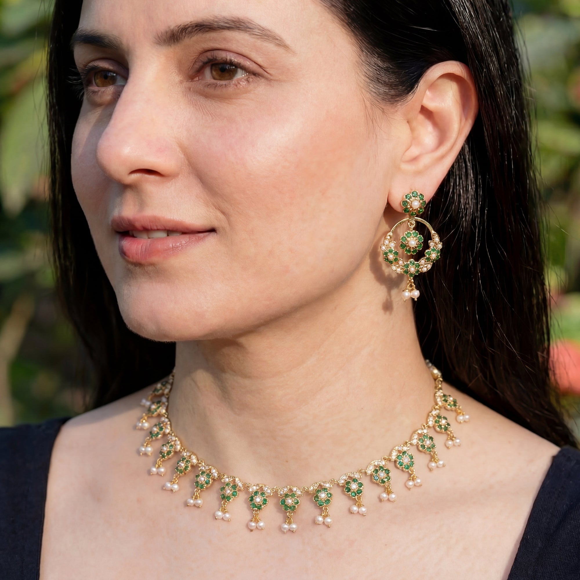 Sleek Jadau Set Studded with Emerald like Green Stones | Gold Plated on Silver NS 370