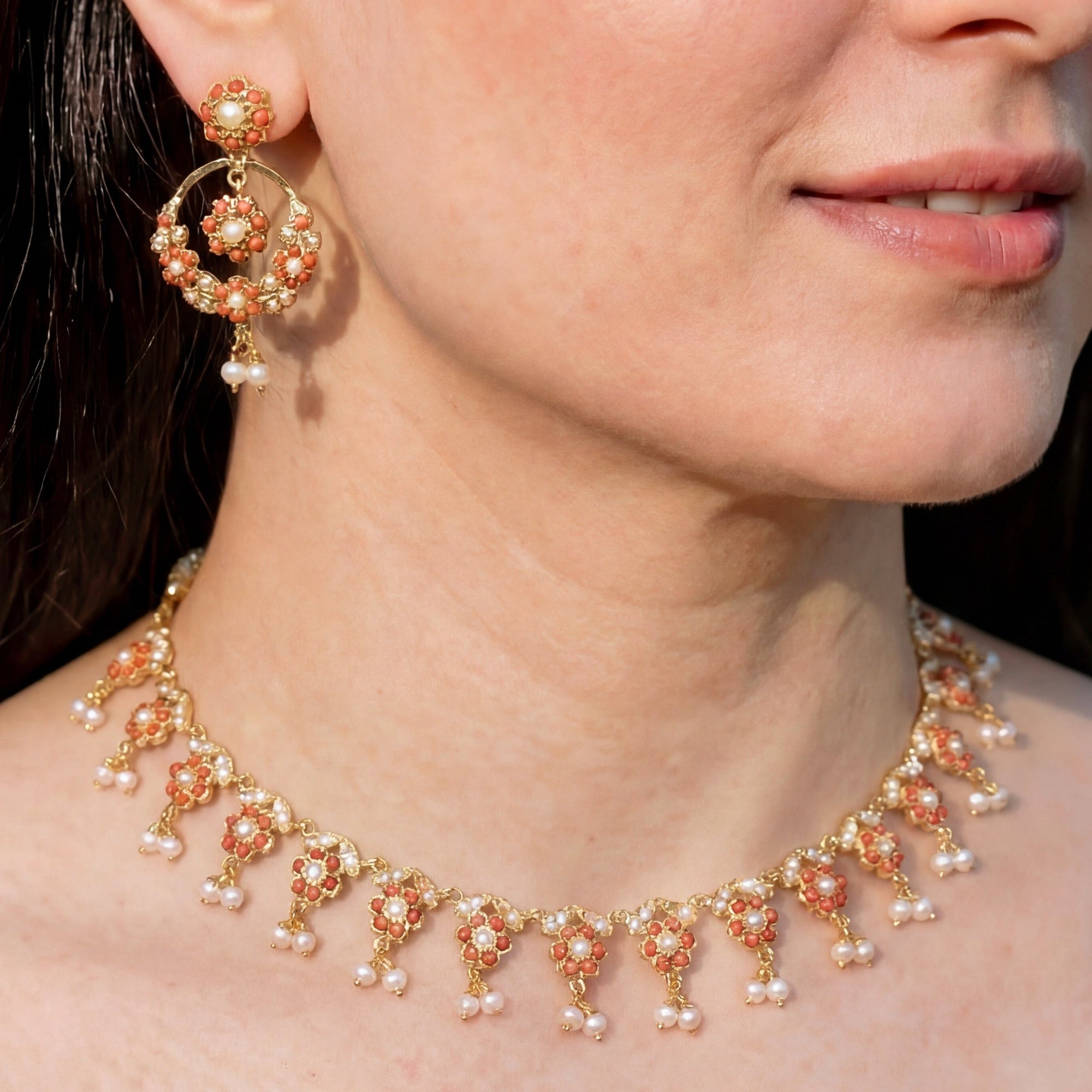 Sleek Pearl Coral Necklace with Small Chandbali Earrings | Gold Plated on Silver NS 390