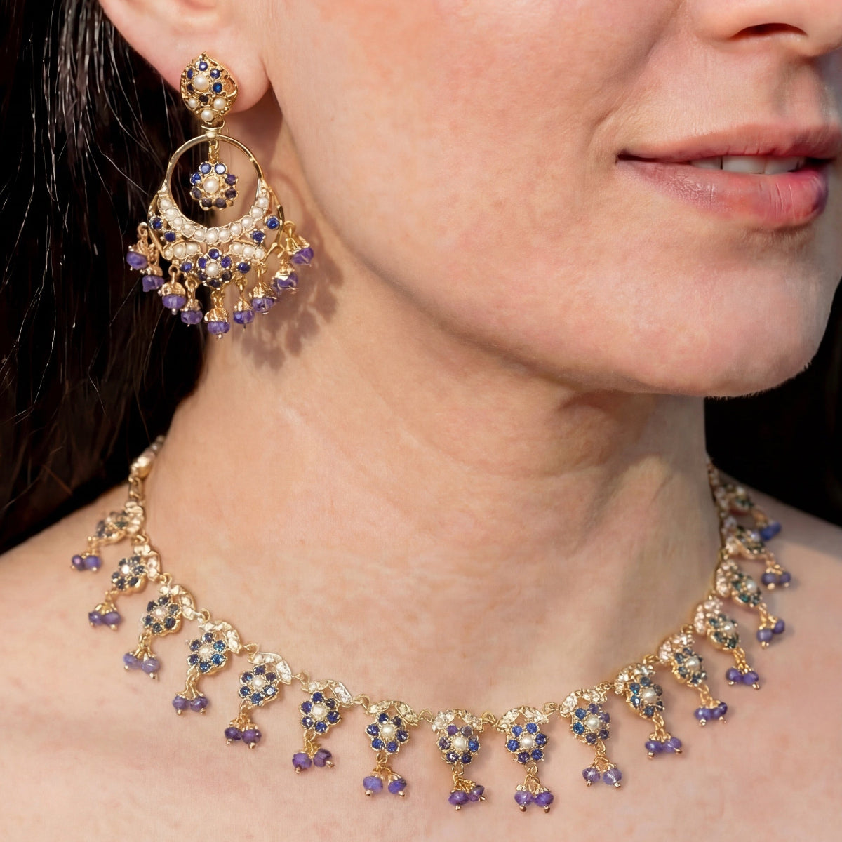 नाज़ुक नीला नीलम और मोती का हार | दुर्लभ जड़ाऊ आभूषण | NS 276