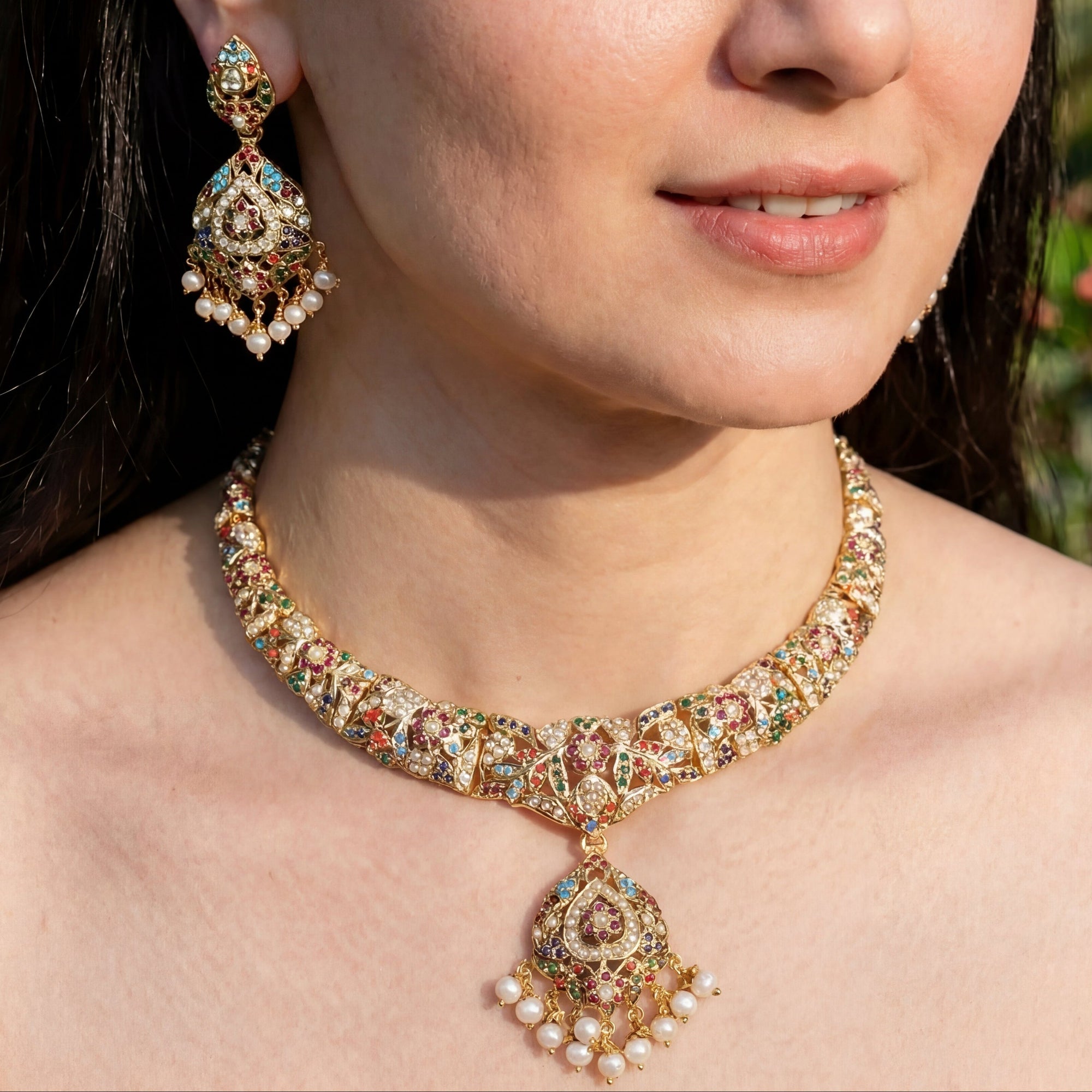 नवरतन नेकलेस सेट | फाइन जड़ाऊ ज्वेलरी | गोल्ड प्लेटेड सिल्वर NS 100