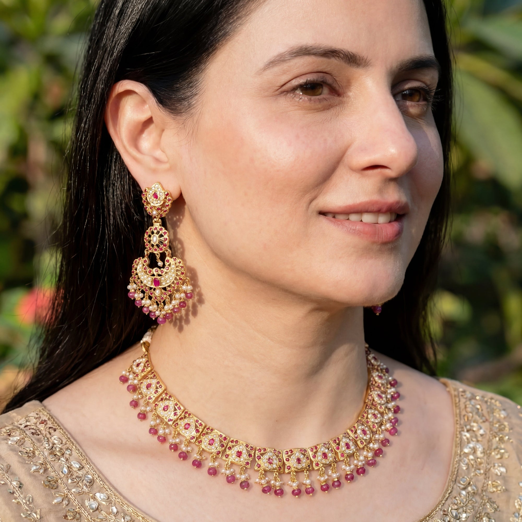 रूबी नेकलेस सेट | ताजे पानी के मोती | भारतीय जड़ाऊ आभूषण NS 230