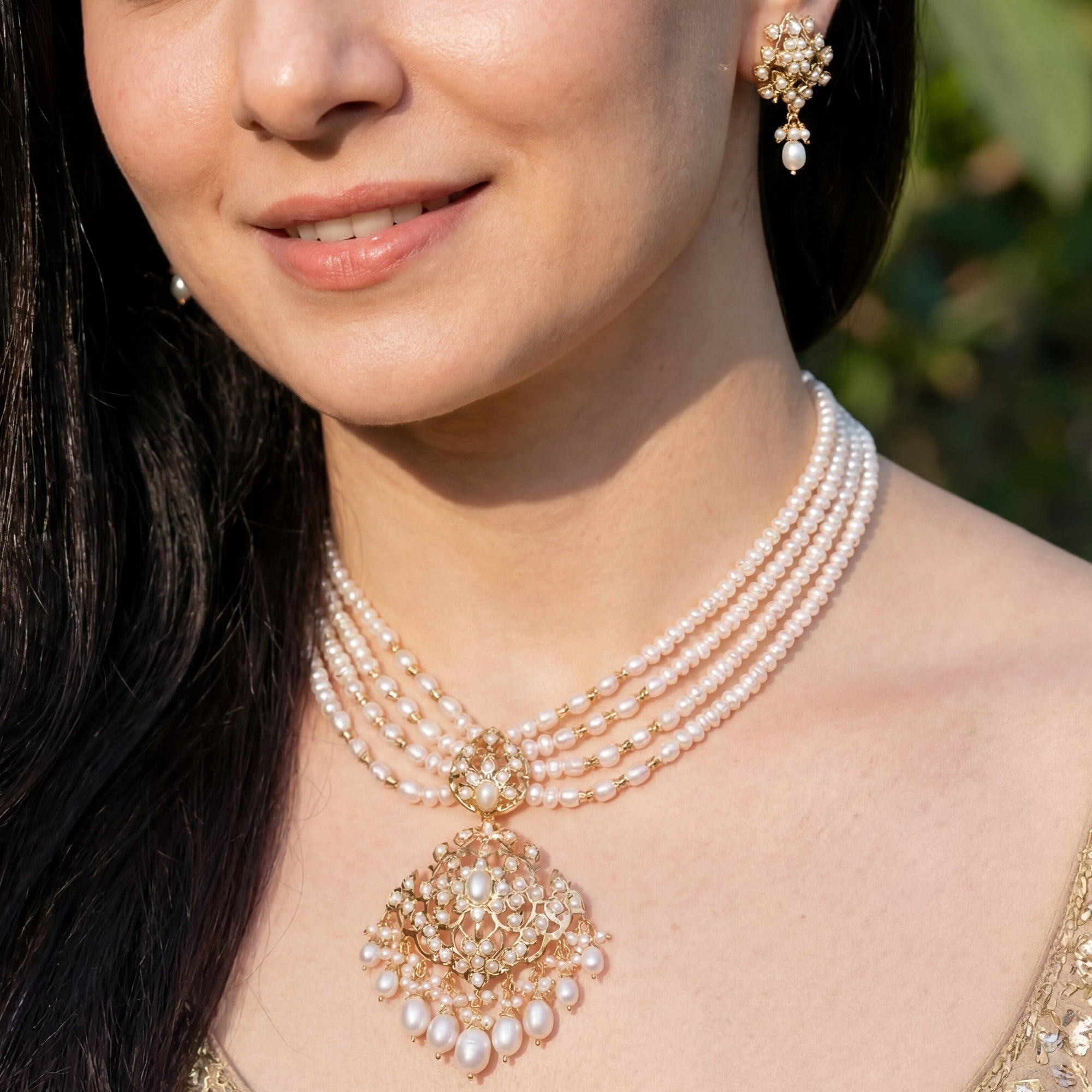 Sitarami Set in Freshwater Pearls | Gold Plated on Sterling Silver | Heritage Indian Jewelry NS 383