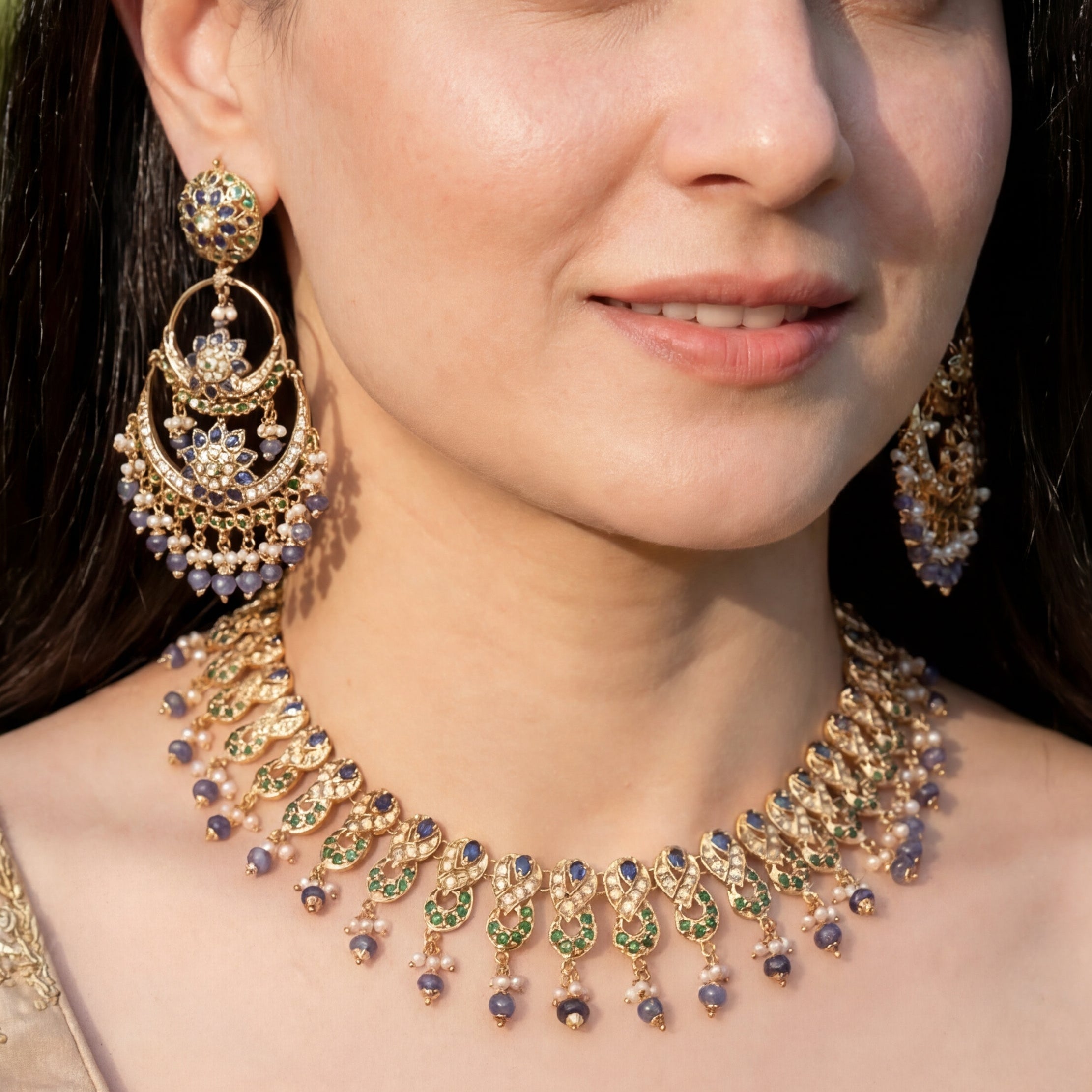 Gold Plated Multicoloured Jadau Necklace Set | Blue Sapphires NS 168