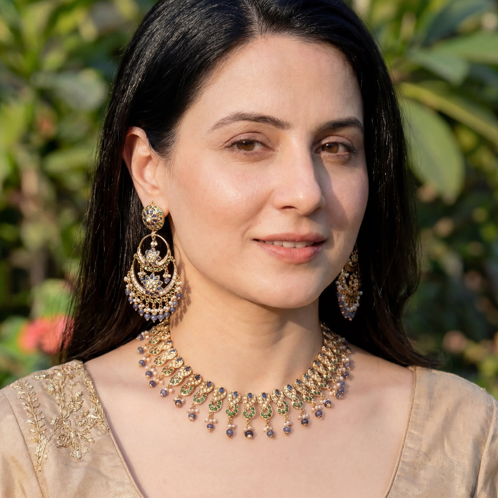 Gold Plated Multicoloured Jadau Necklace Set | Blue Sapphires NS 168