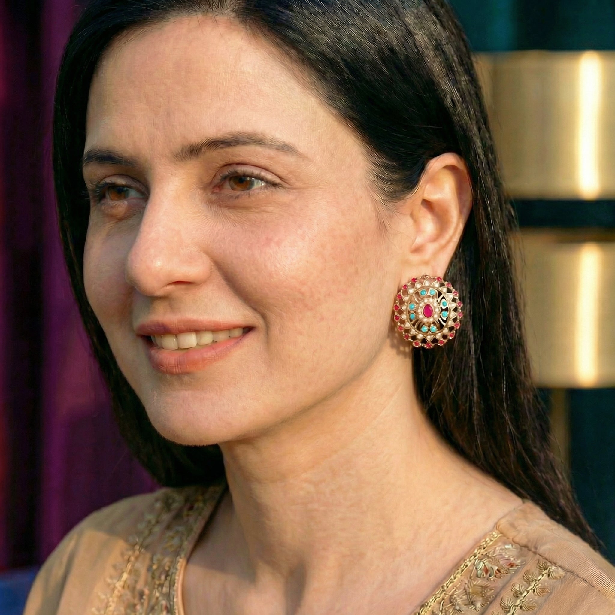 Intricate Oval Stud Earrings | Multicoloured Indian Earrings | Indo-Western Design ER 327