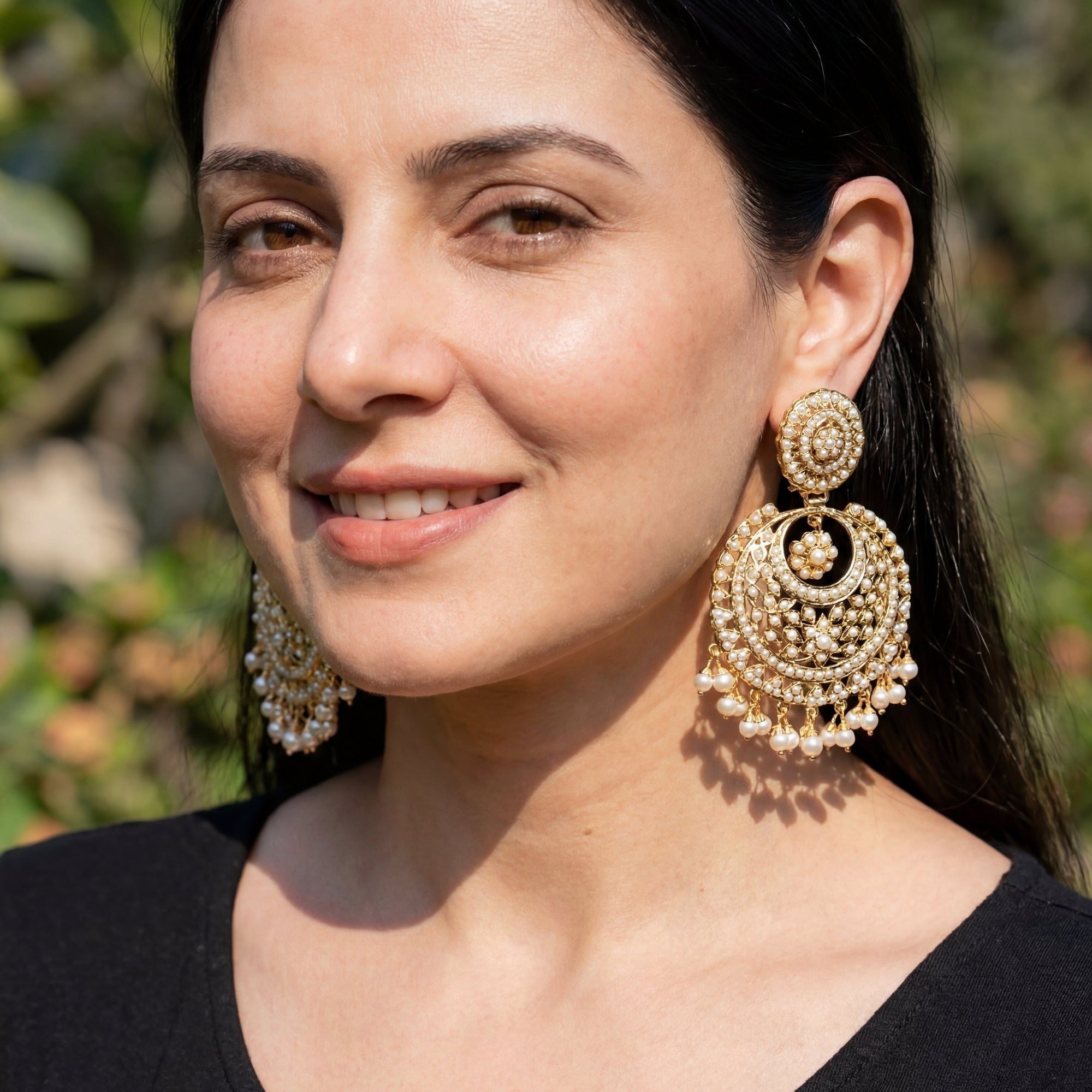 Fine Pearl Chandbali Earrings | Drop & Dangle | Large Chadbali | Gold Plated ER 084