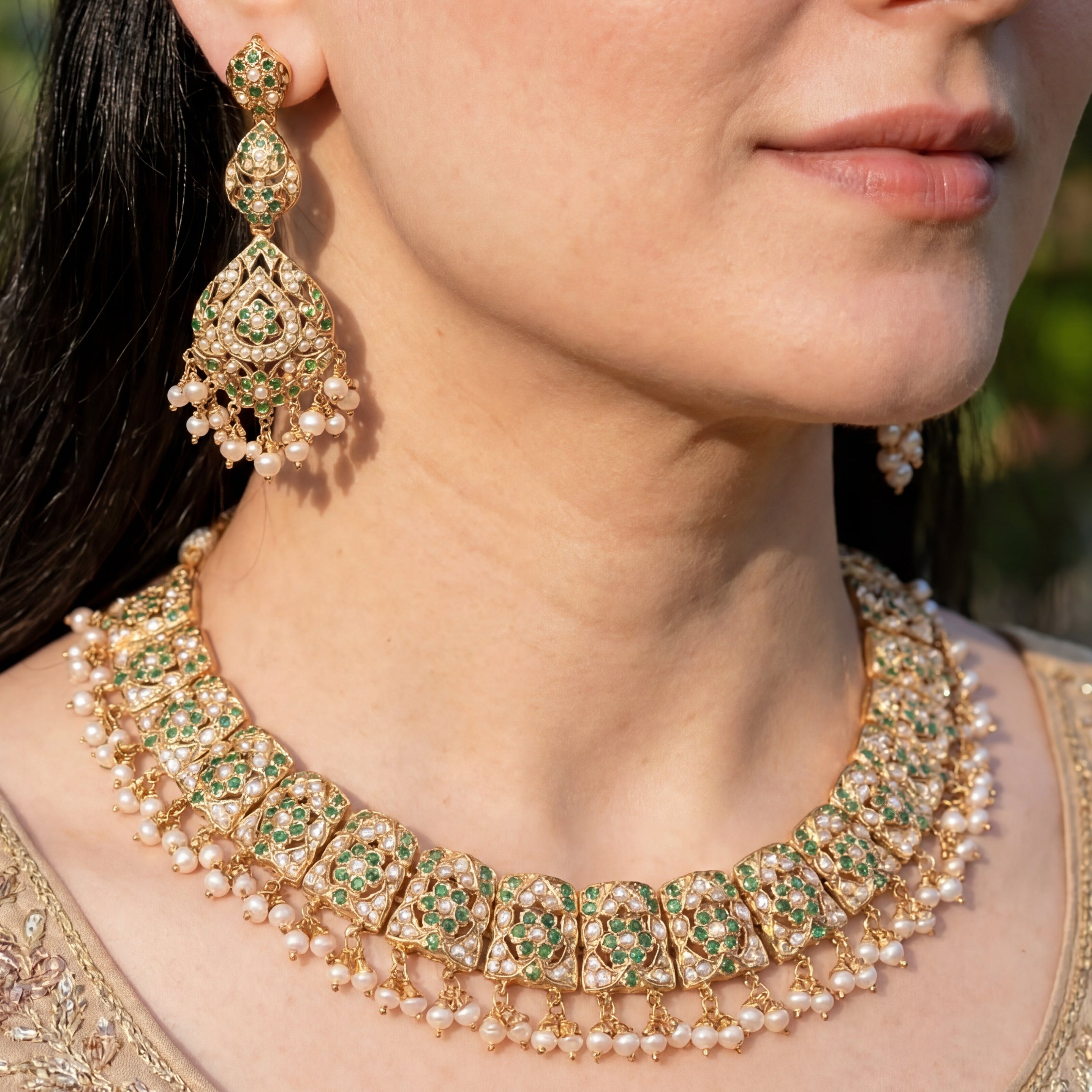 Pearl and Emerald Necklace Set | Jadau Set on Gold Plated Silver NS 371