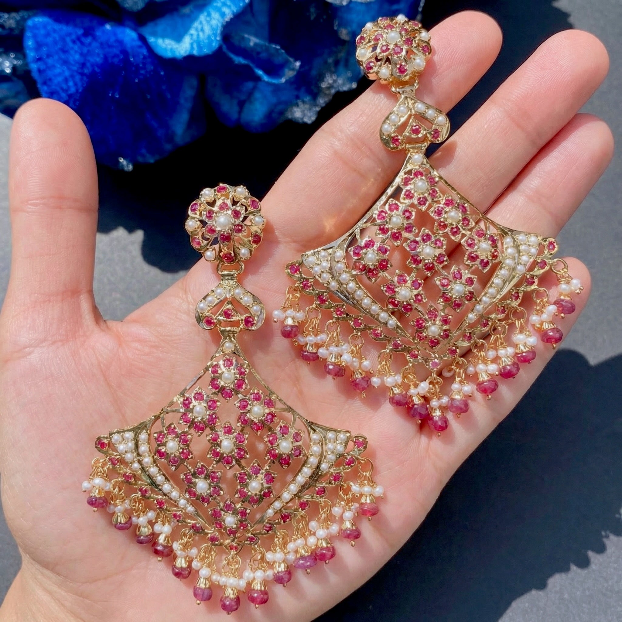 Dainty Necklace with Statement Earrings | Ruby Jadau Set on Silver NS 328