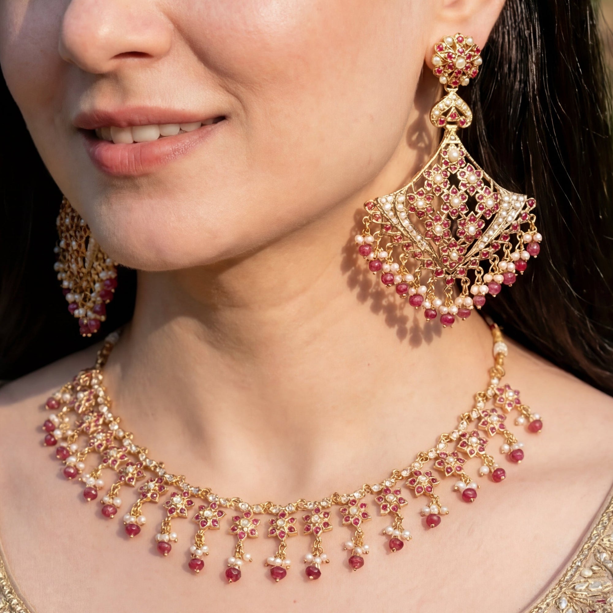 Dainty Necklace with Statement Earrings | Ruby Jadau Set on Silver NS 328