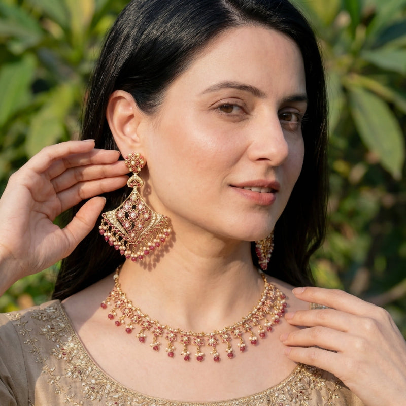 Dainty Necklace with Statement Earrings | Ruby Jadau Set on Silver NS 328