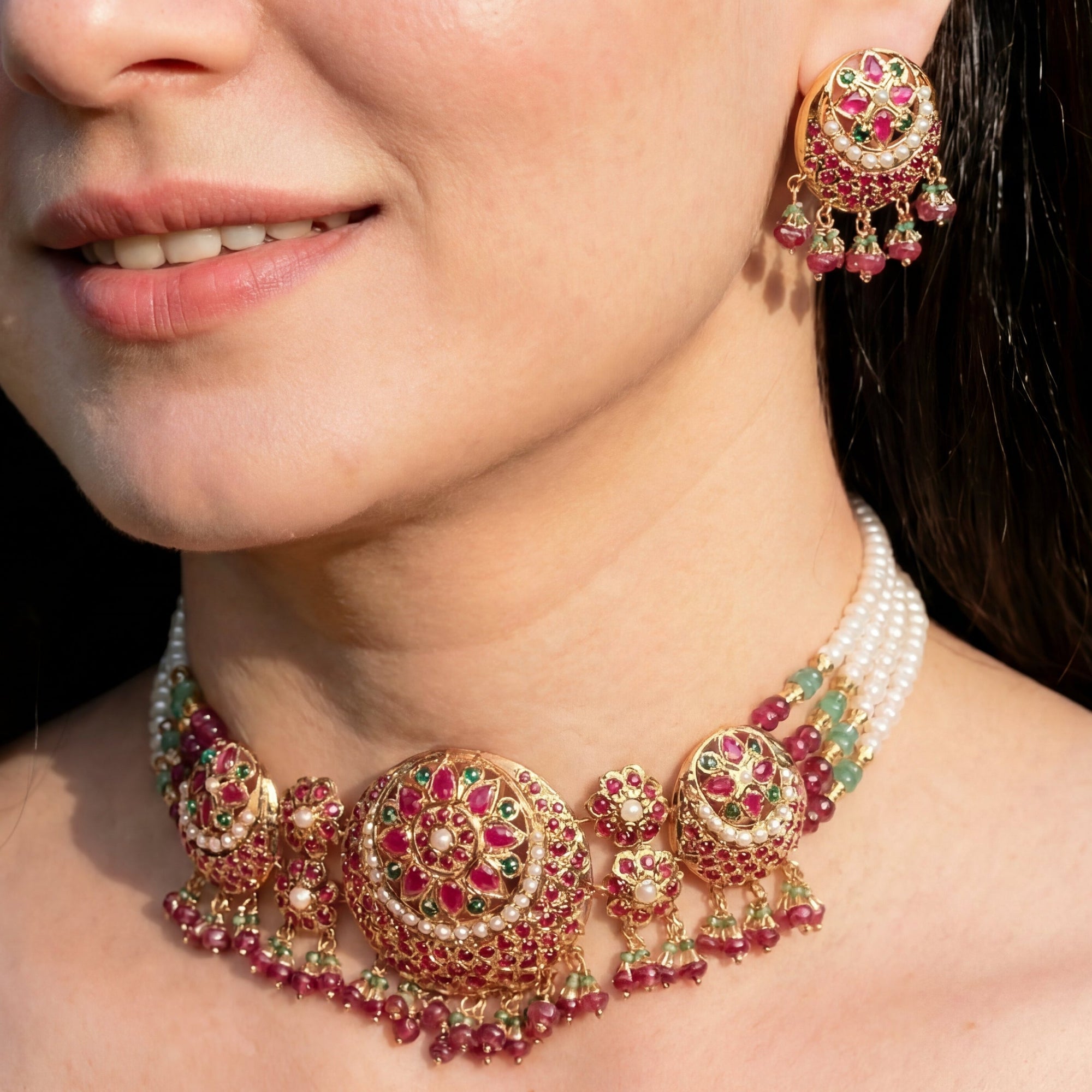 Multicoloured Jadau Choker Set | Ruby Emerald Pearl Set NS 332