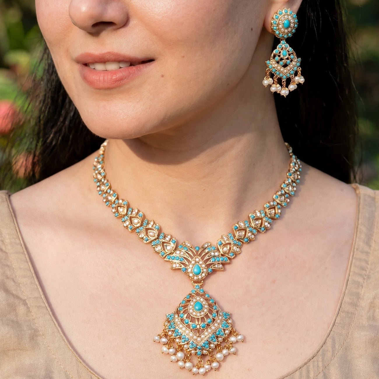 బంగారు పూత పూసిన నగలు | నెక్లెస్ సెట్ | రియల్ పెర్ల్ & ఫిరోజా సెట్ NS 214