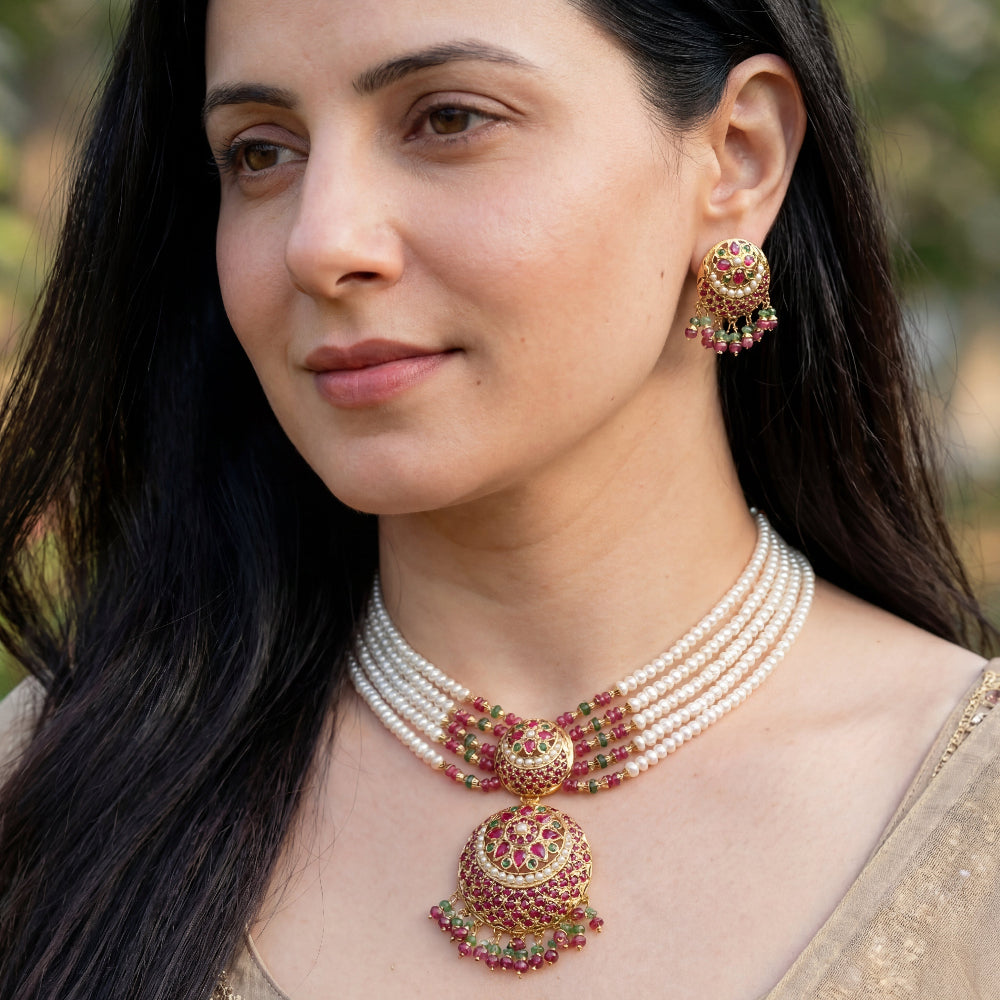 Jadau Choker Set | Gold Plated on Sterling Silver | Freshwater Pearls NS 094