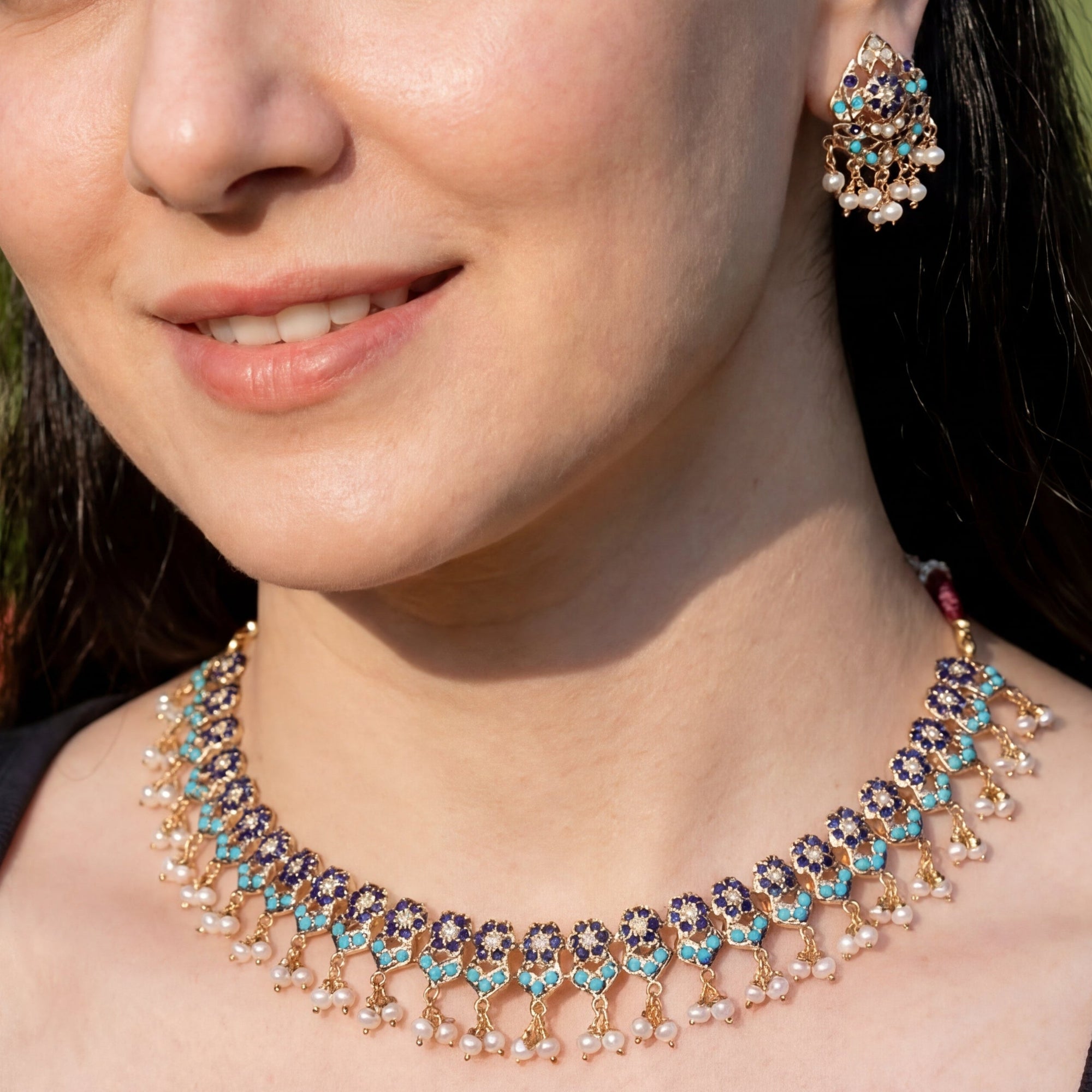 Delicate Necklace with Sapphire Feroza Combination | Delicate Jadau Necklace Set | NS 355