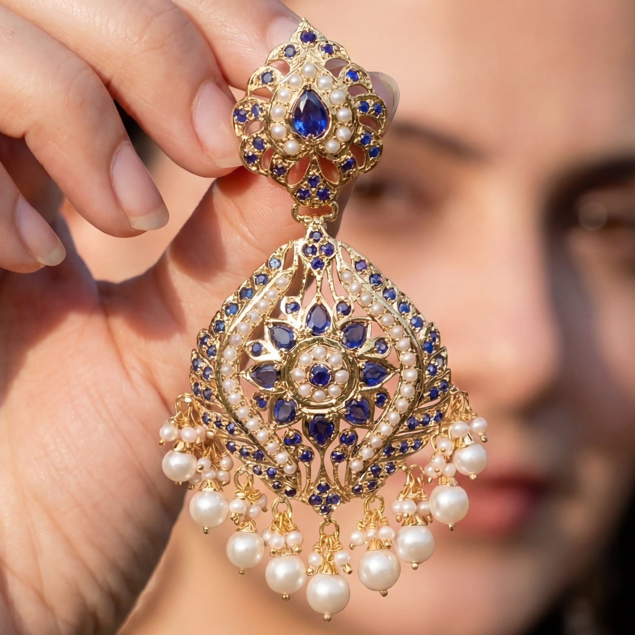 Gold Plated earrings on 925 Silver in Sapphire Pearl Combination ER 296