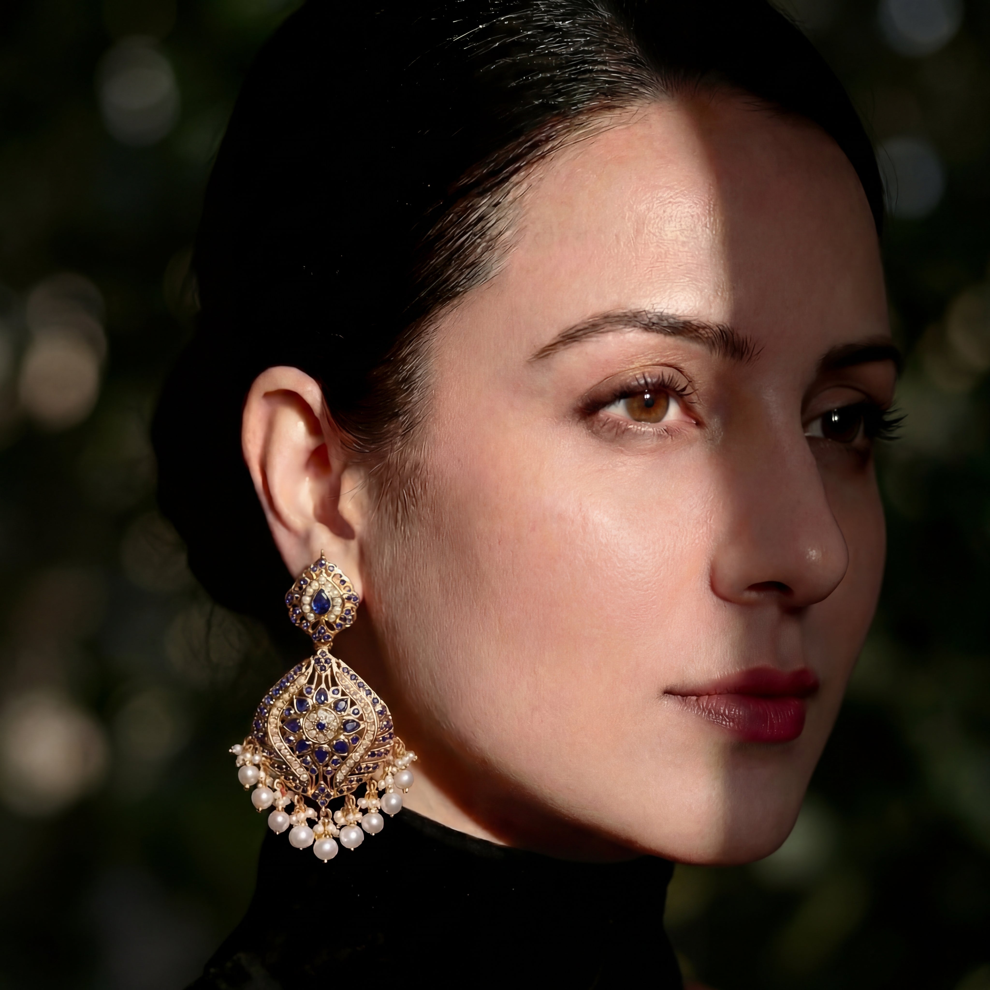 సఫైర్ పెర్ల్ కాంబినేషన్ ER 515లో 925 వెండిపై బంగారు పూత పూసిన చెవిపోగులు