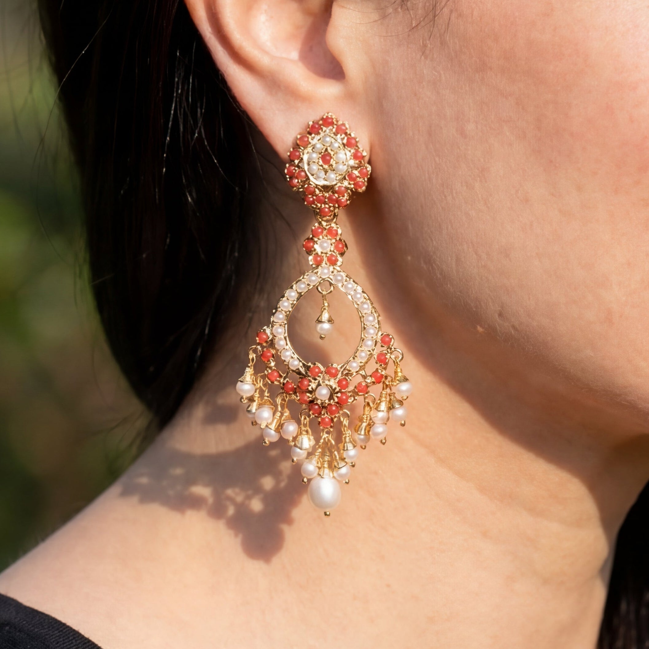 Coral Earrings | Gold Plated on Silver | Moonga & Pearl Danglers ER 607