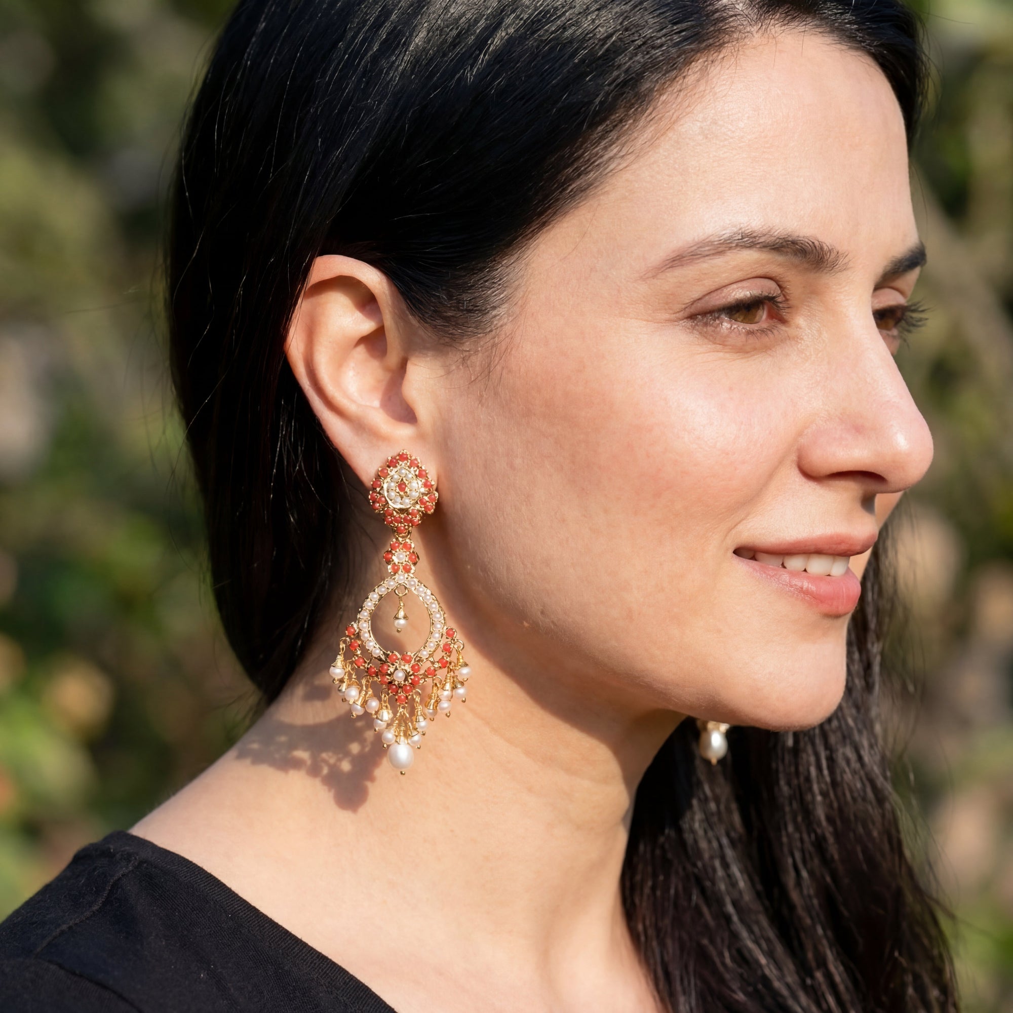 Coral Earrings | Gold Plated on Silver | Moonga & Pearl Danglers ER 607