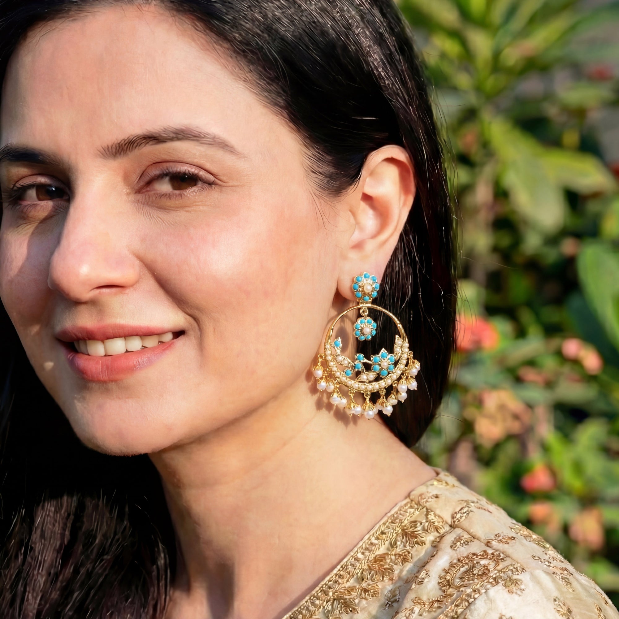 Sober Pearl & Ferozi Chandbali Earrings | Gold Plated Silver Jewellery ER 195