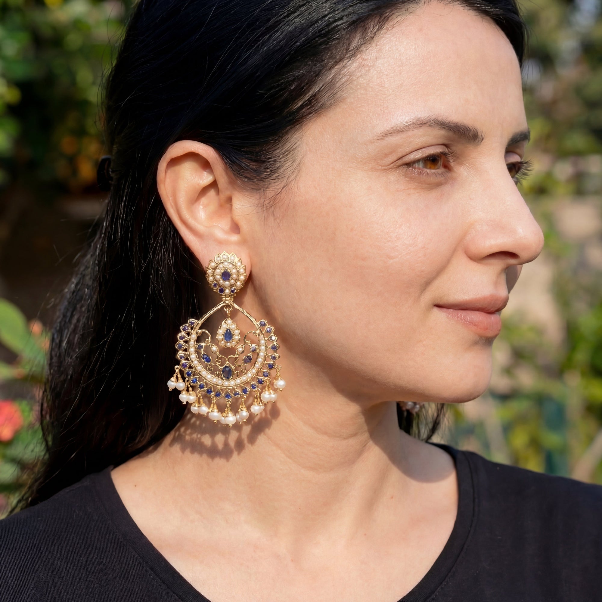 Gold Plated Chandbali | Blue Sapphire & Pearl Earrings | Jadau Jewelry ER 323