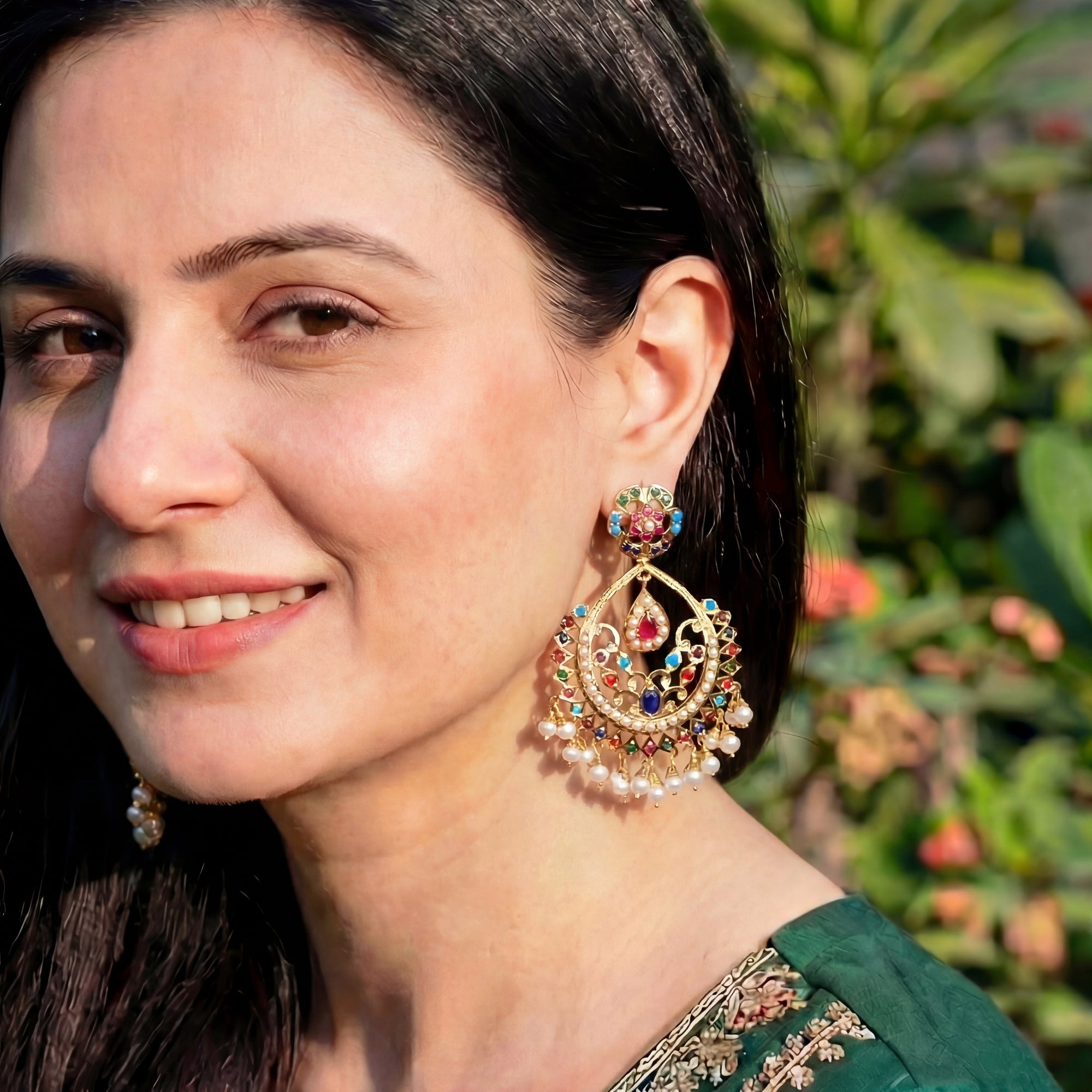 Navratna Chandbali Earrings for Women | Buy Jadau Earrings Online ER 347