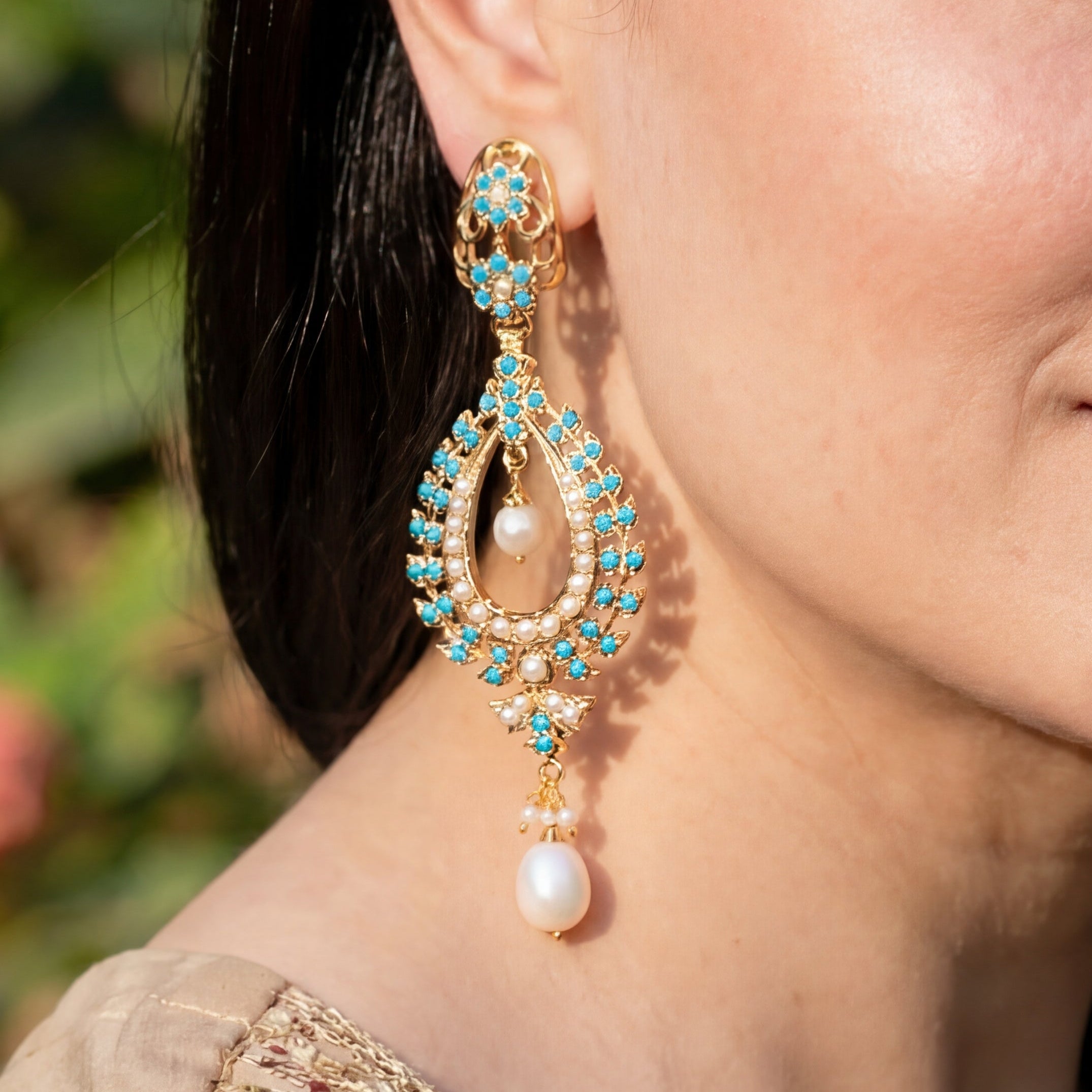 Drop Shaped Chandbali Earrings | Feroza & Pearl on 925 Sterling Silver | Indo Western Design ER 400