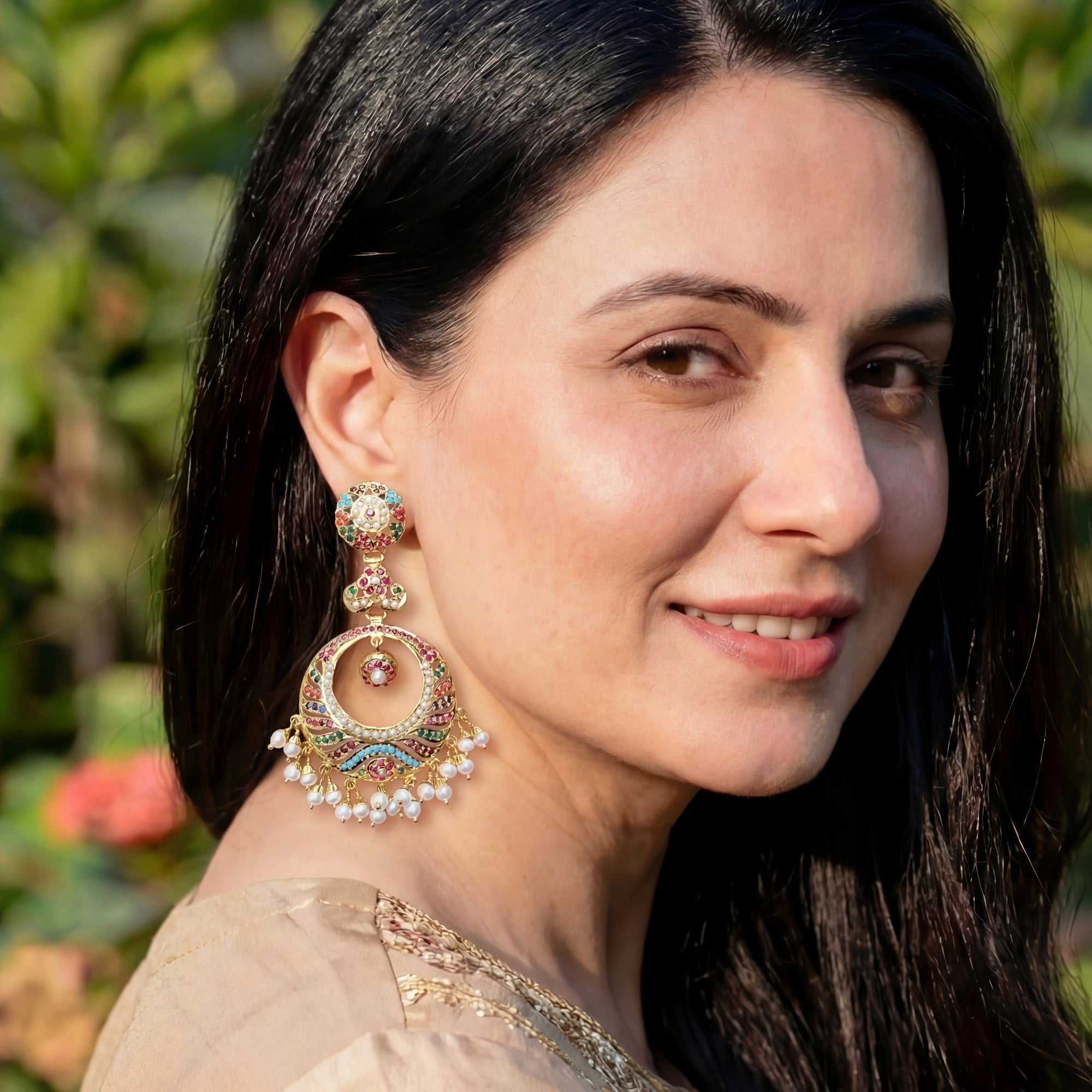 Gold Plated Navratan Chandbalis | Sterling Silver with Gold Plating ER 411B