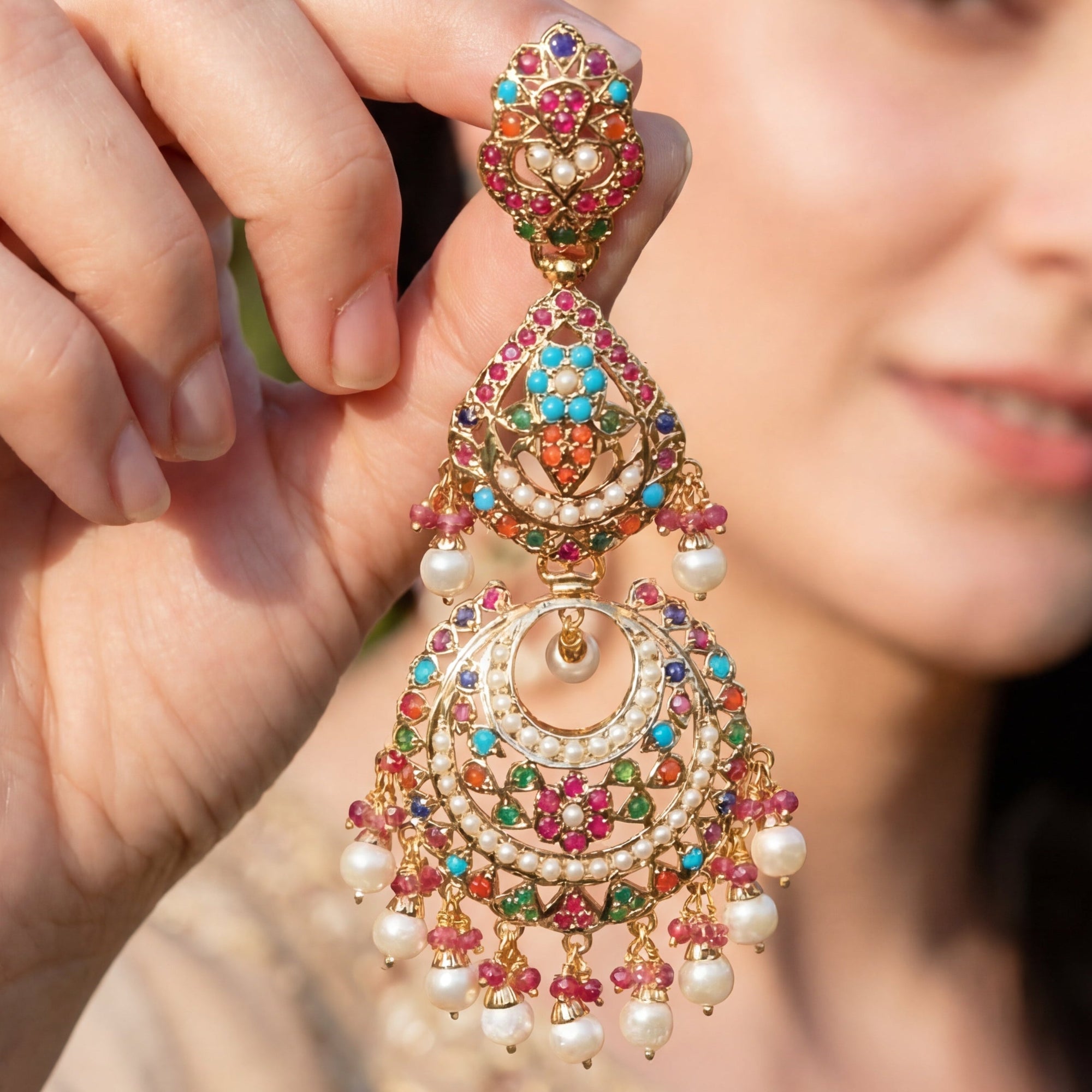 Long Navratna Chandbali Earrings | Sterling Silver with Gold Plating ER 044