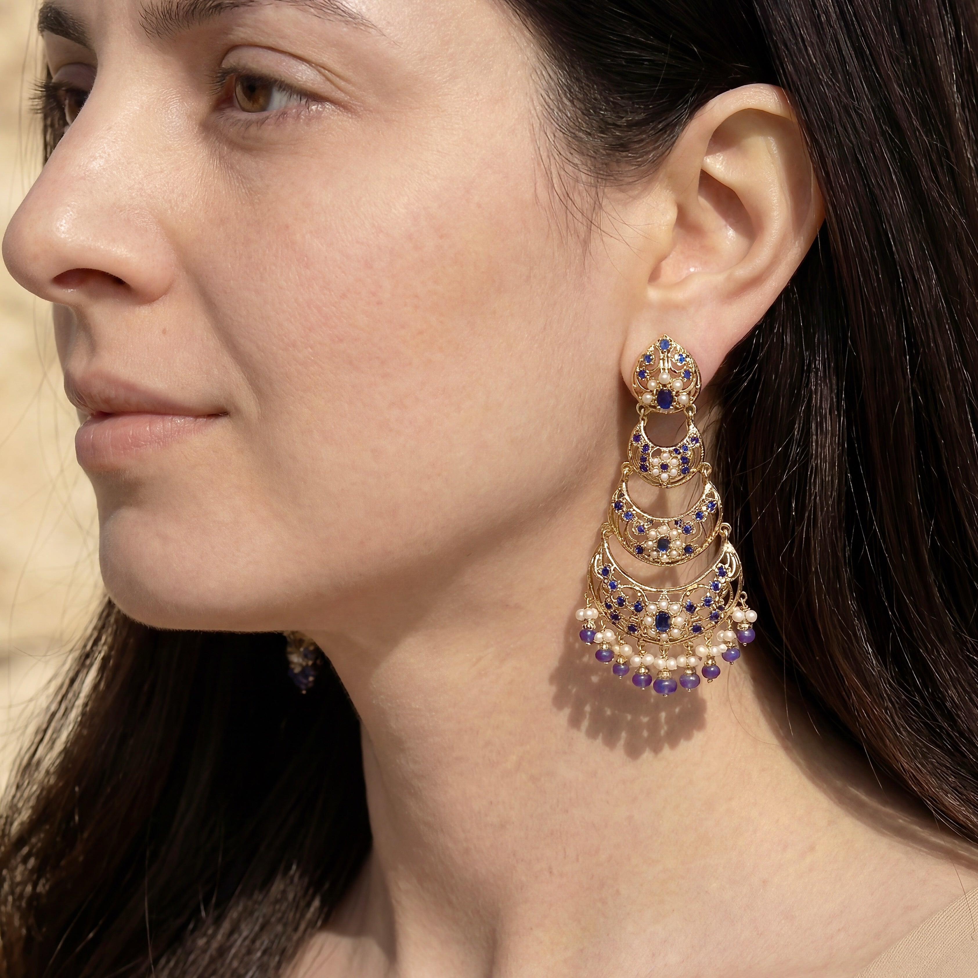 Pearl and Sapphire 3 Step Danglers | Gold Plated on Silver ER 442