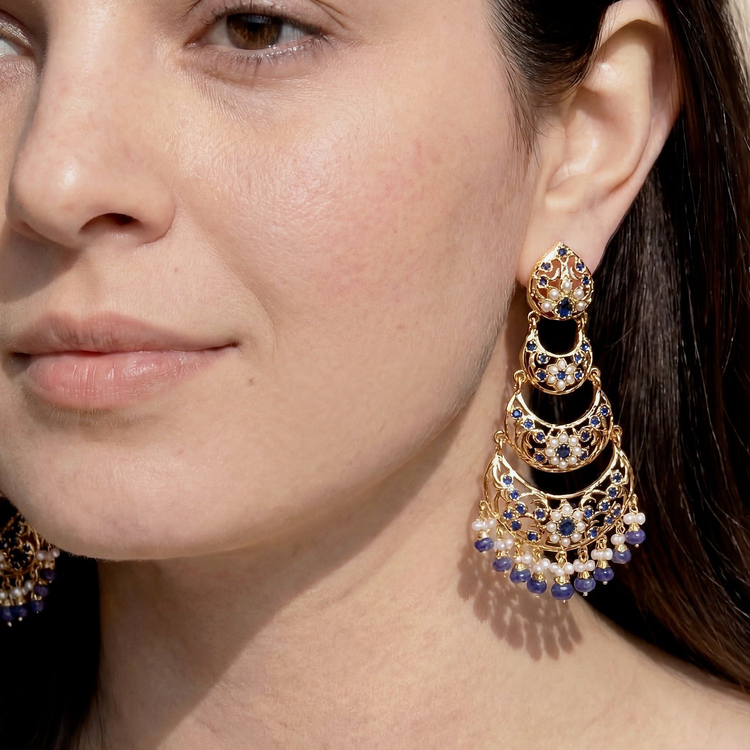 Pearl and Sapphire 3 Step Danglers | Gold Plated on Silver ER 442