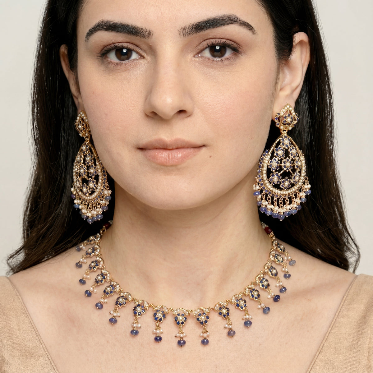 Sleek Necklace with Large Earrings | Premium Fashion Jewelry on Gold Plated Silver NS 409
